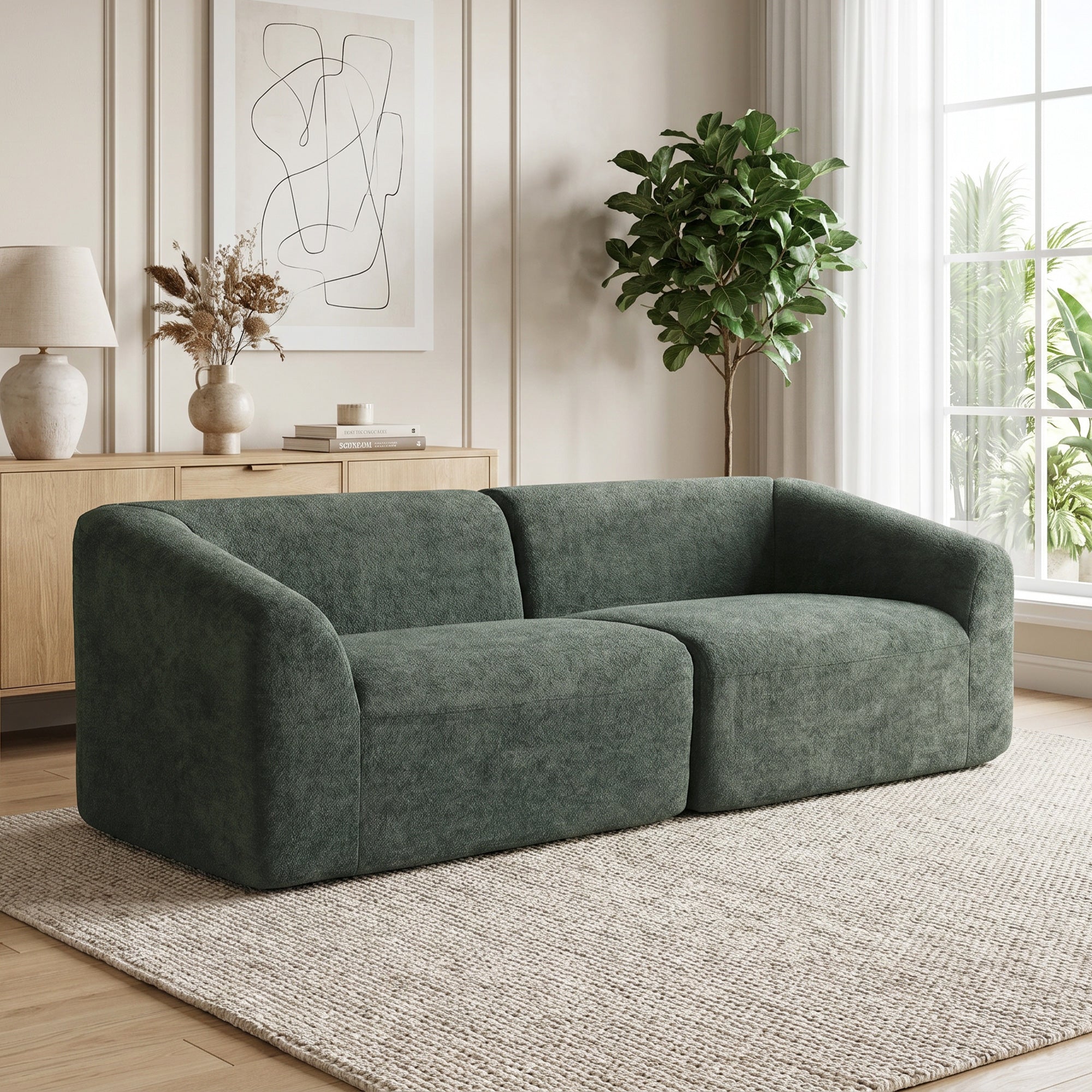 Canapé 3 places en chenille 225 cm, canapé salon rembourré moderne avec assise large, coussin à ressorts, entièrement compressé, pas de montage nécessaire, vert foncé