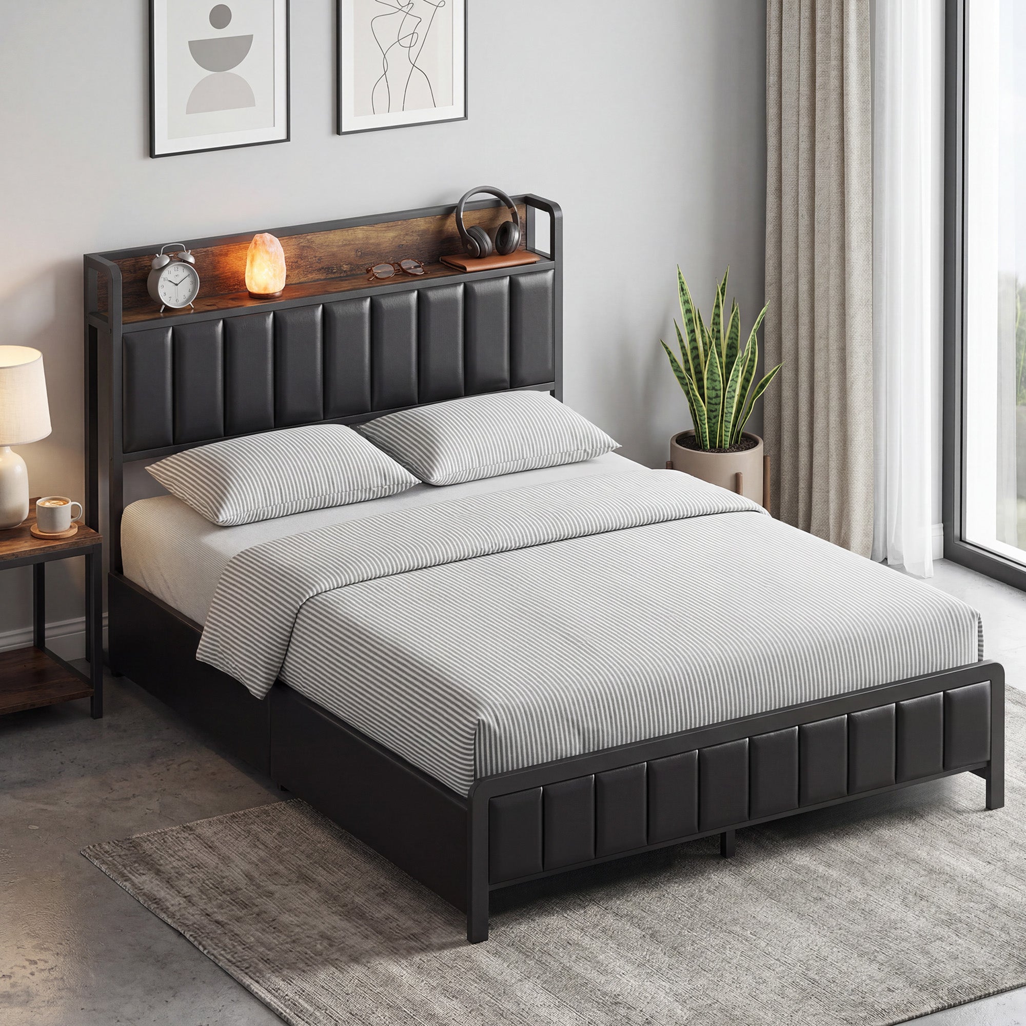 Cadre de lit 140 x 190 cm avec sommier à lattes en métal, lit double rembourré en cuir synthétique avec tête de lit, pied de lit, 4 tiroirs et étagère, sans bruit, style industriel, noir