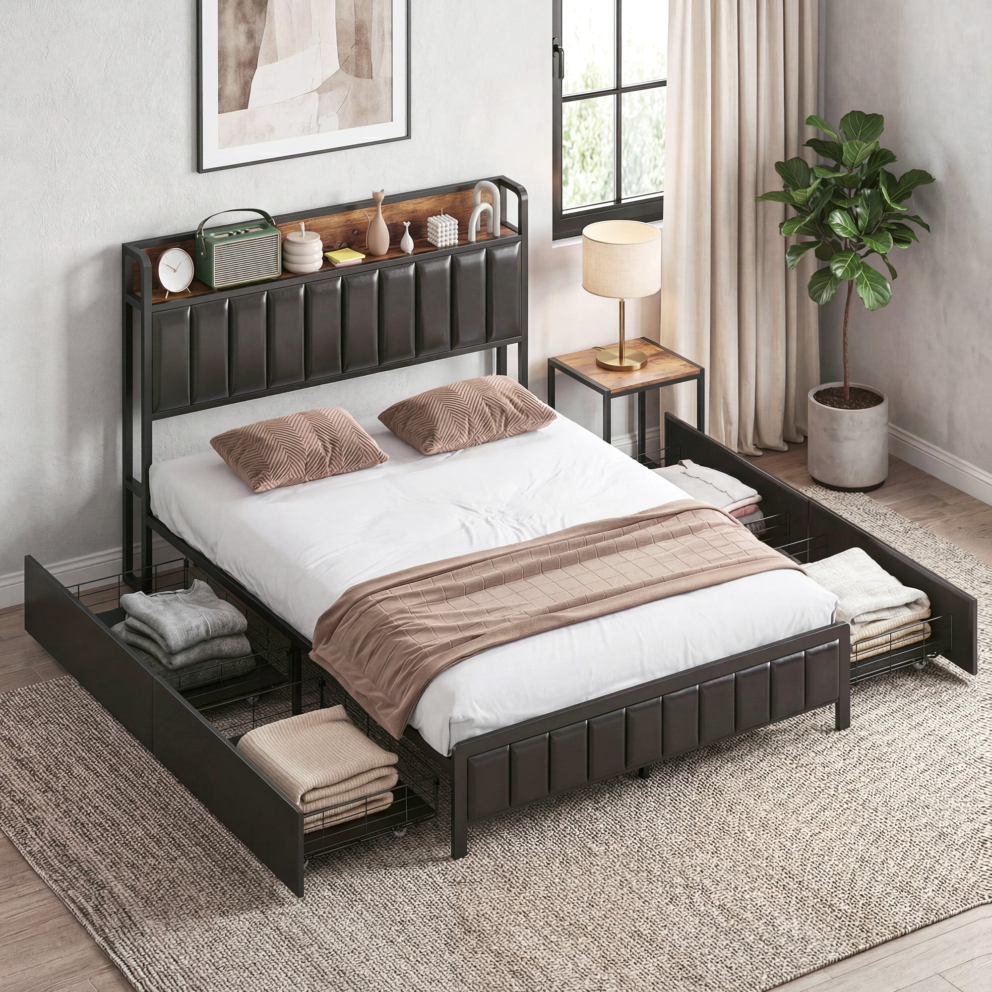 Cadre de lit 140 x 190 cm avec sommier à lattes en métal, lit double rembourré en cuir synthétique avec tête de lit, pied de lit, 4 tiroirs et étagère, sans bruit, style industriel, noir