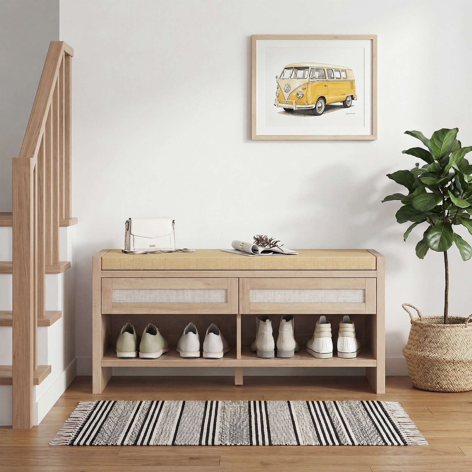 Banc chaussures entrée, banc de rangement, assise rembourrée en lin, 2 tiroirs en rotin et étagère ouverte, style bohème, pour entrée, couloir, 108 x 35 x 50 cm, chêne et marron clair