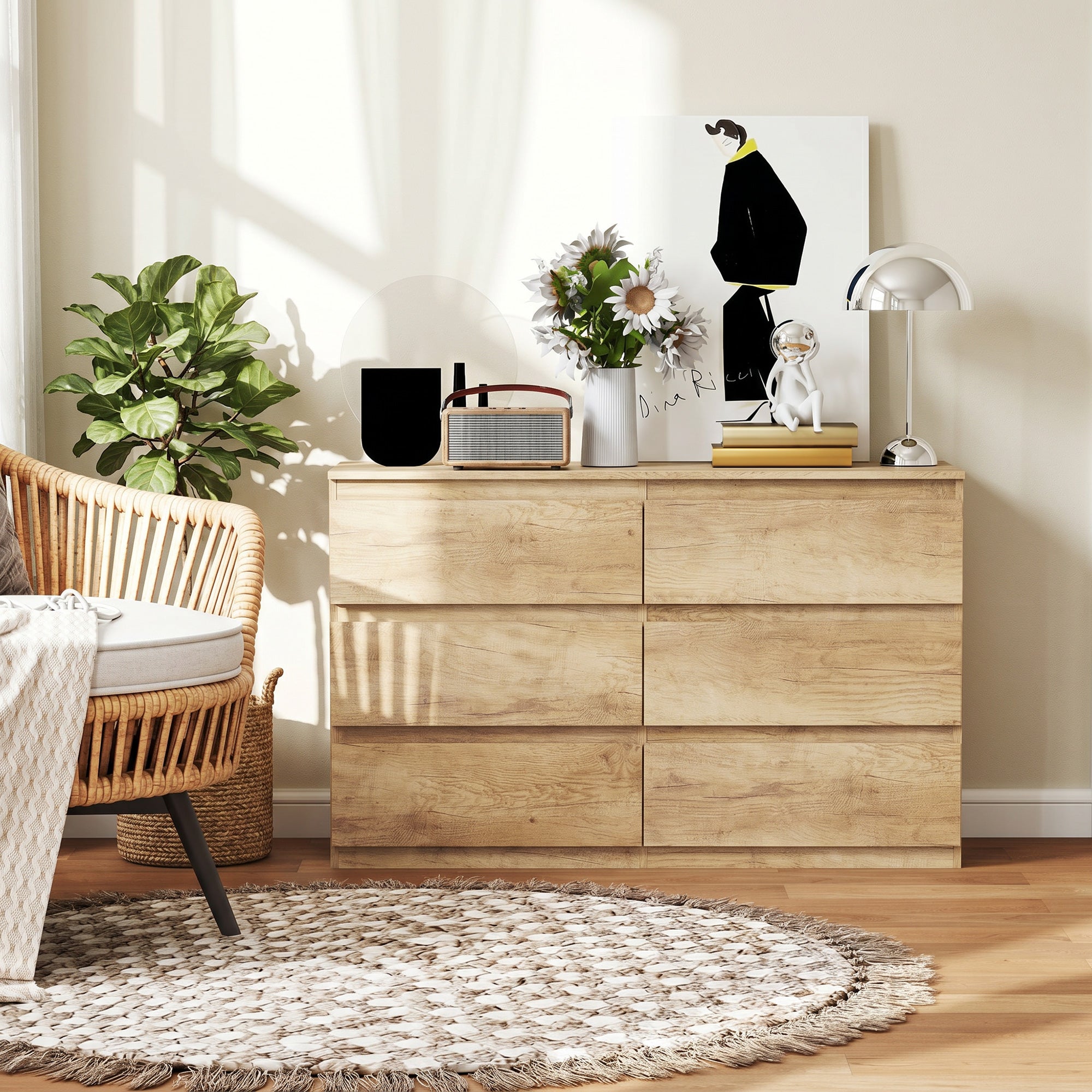 Commode 6 tiroirs, meuble de rangement étroit sans poignées, chiffonnier, style moderne, commode pour chambre à coucher, salon, couloir, 120 x 39 x 75 cm, chêne