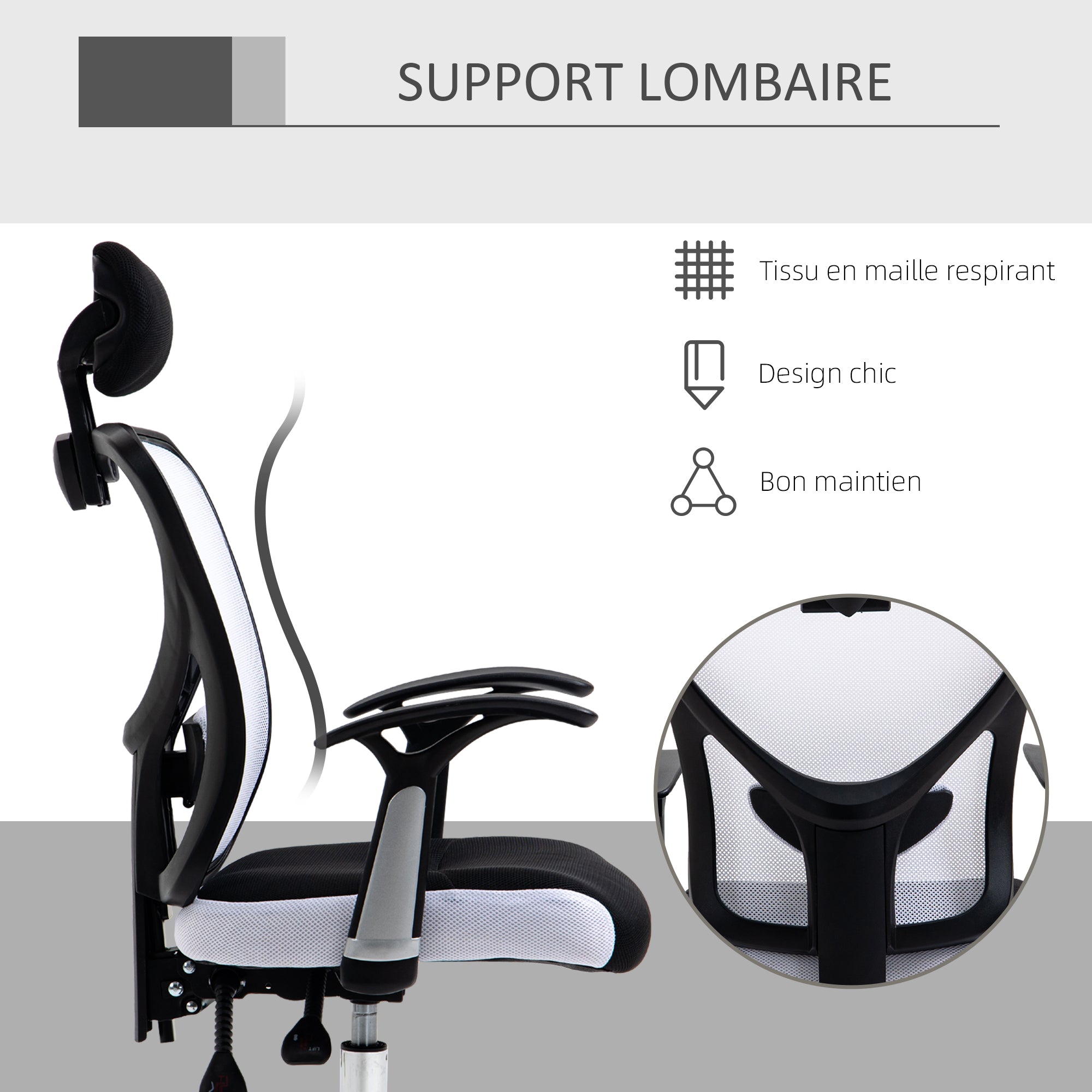 Chaise de bureau, fauteuil de bureau ergonomique en maille avec hauteur et appui-tête réglable, dossier inclinable et support lombaire, pour chambre, télétravail, charge 120 Kg, noir et blanc
