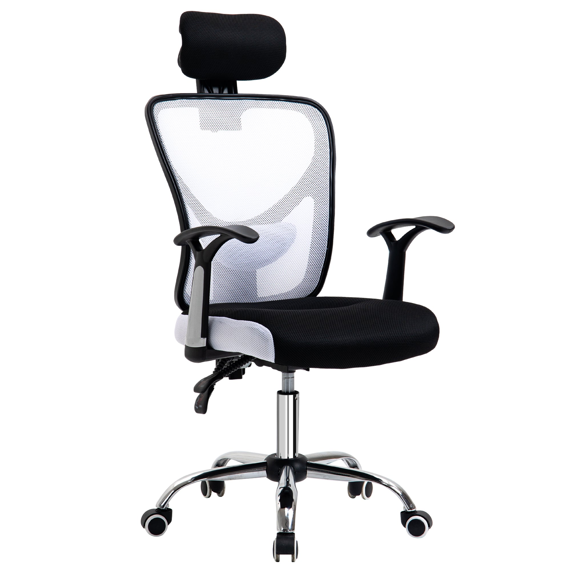 Chaise de bureau, fauteuil de bureau ergonomique en maille avec hauteur et appui-tête réglable, dossier inclinable et support lombaire, pour chambre, télétravail, charge 120 Kg, noir et blanc