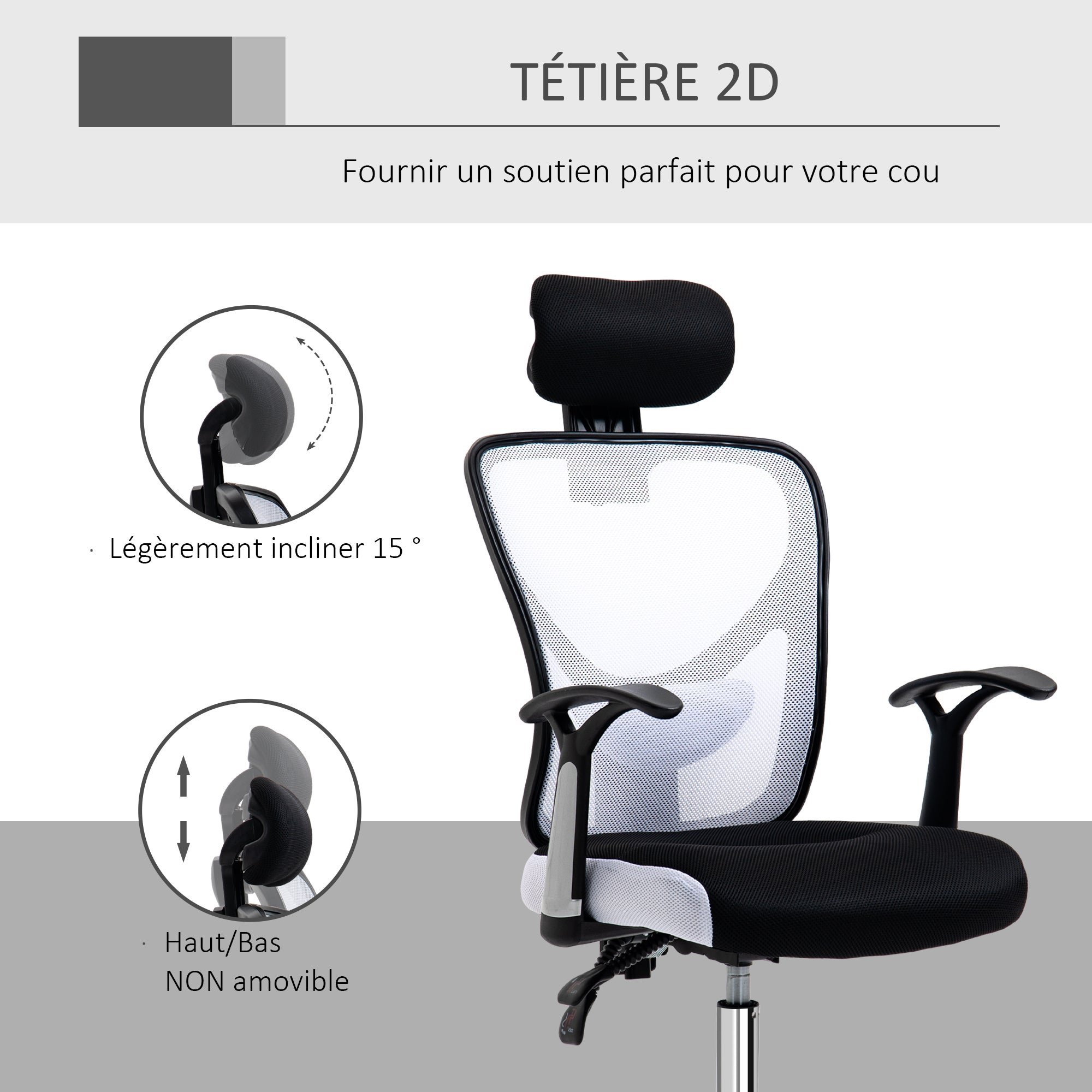 Chaise de bureau, fauteuil de bureau ergonomique en maille avec hauteur et appui-tête réglable, dossier inclinable et support lombaire, pour chambre, télétravail, charge 120 Kg, noir et blanc