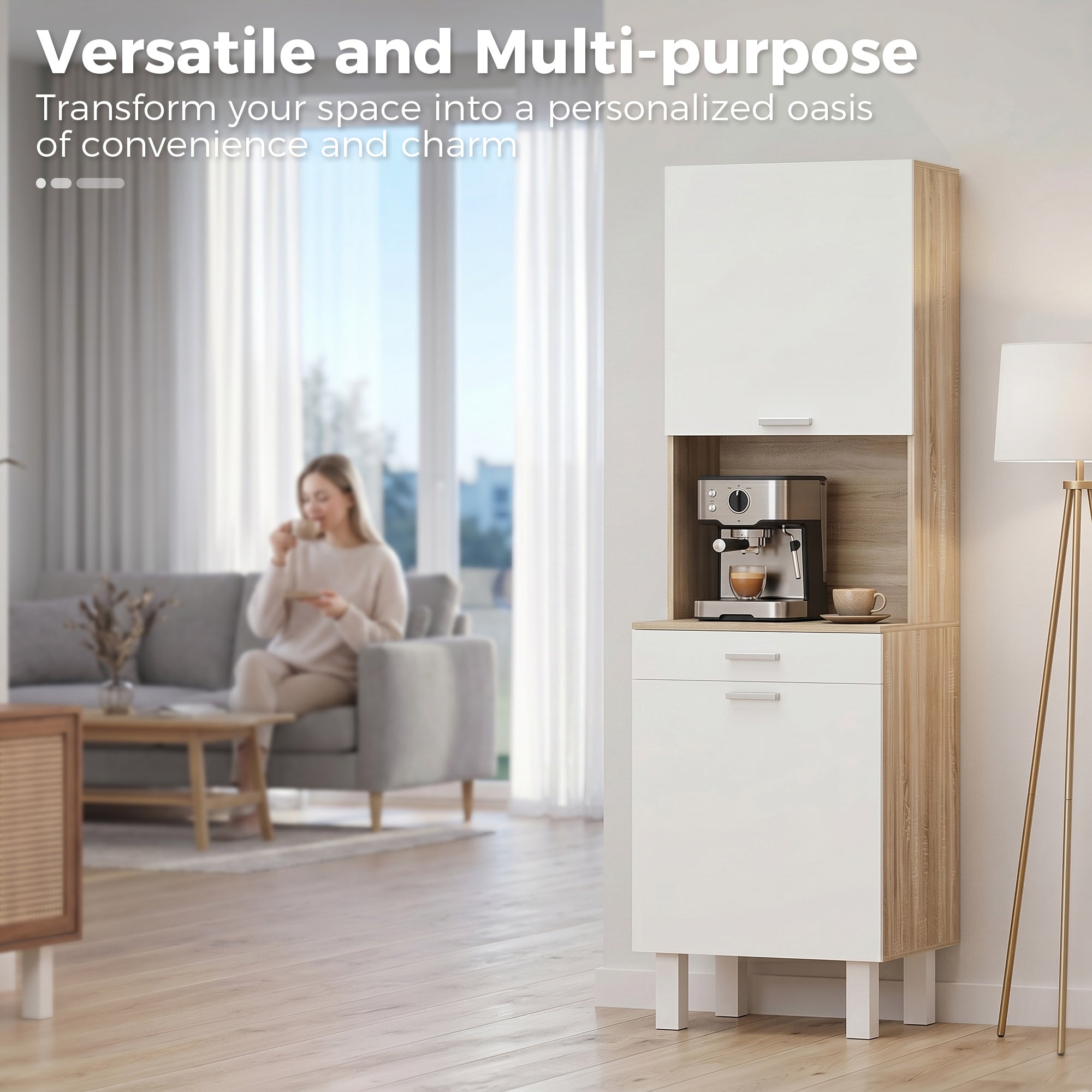 Buffet haut cuisine, armoire de cuisine, vaisselier avec 2 portes, tiroir et plan de travail, style moderne, meuble de rangement pour salon, salle à manger, 55x40x174 cm, blanc et bois naturel
