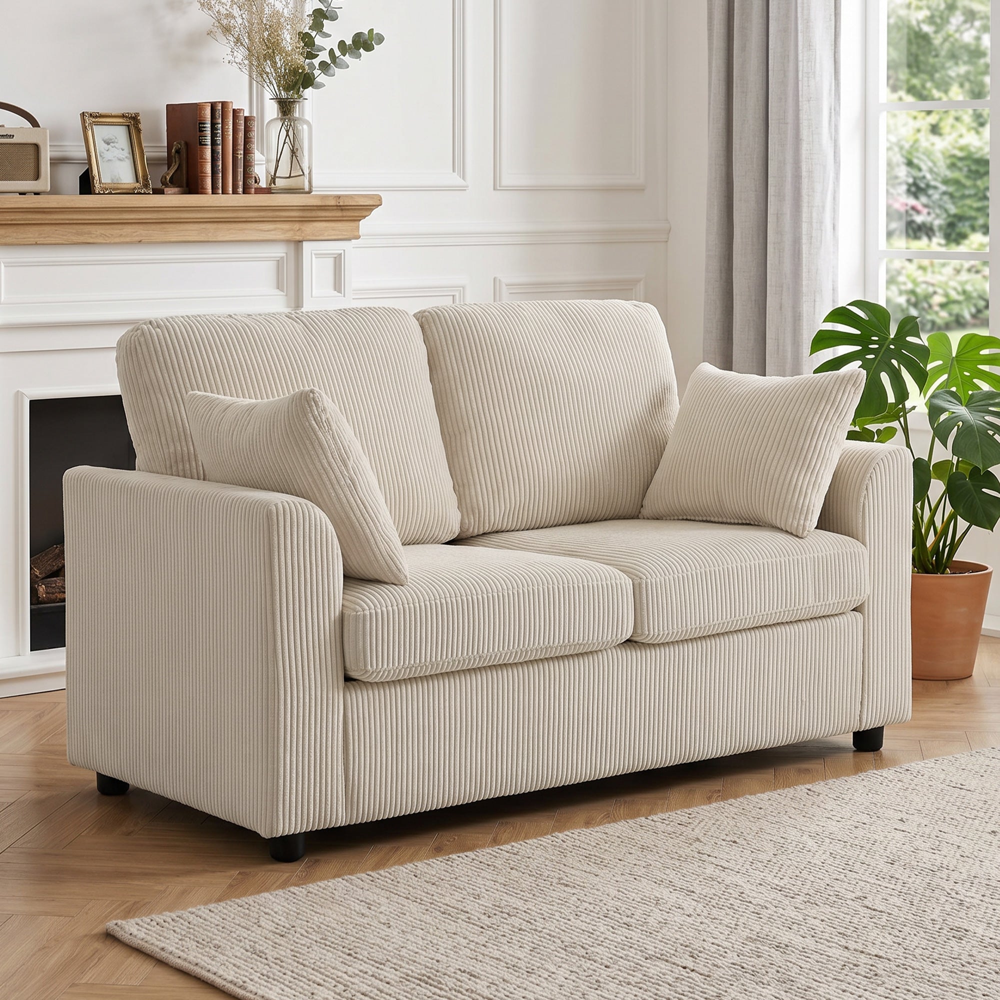 Canapé 2 Places en Velours Côtelé, Canapé de Salon 144 cm avec Assise Large Rembourrée, Coussin Épais à Ressorts, 2 Oreillers, Style Moderne, pour Chambre, Appartement, Petit Espace, Beige