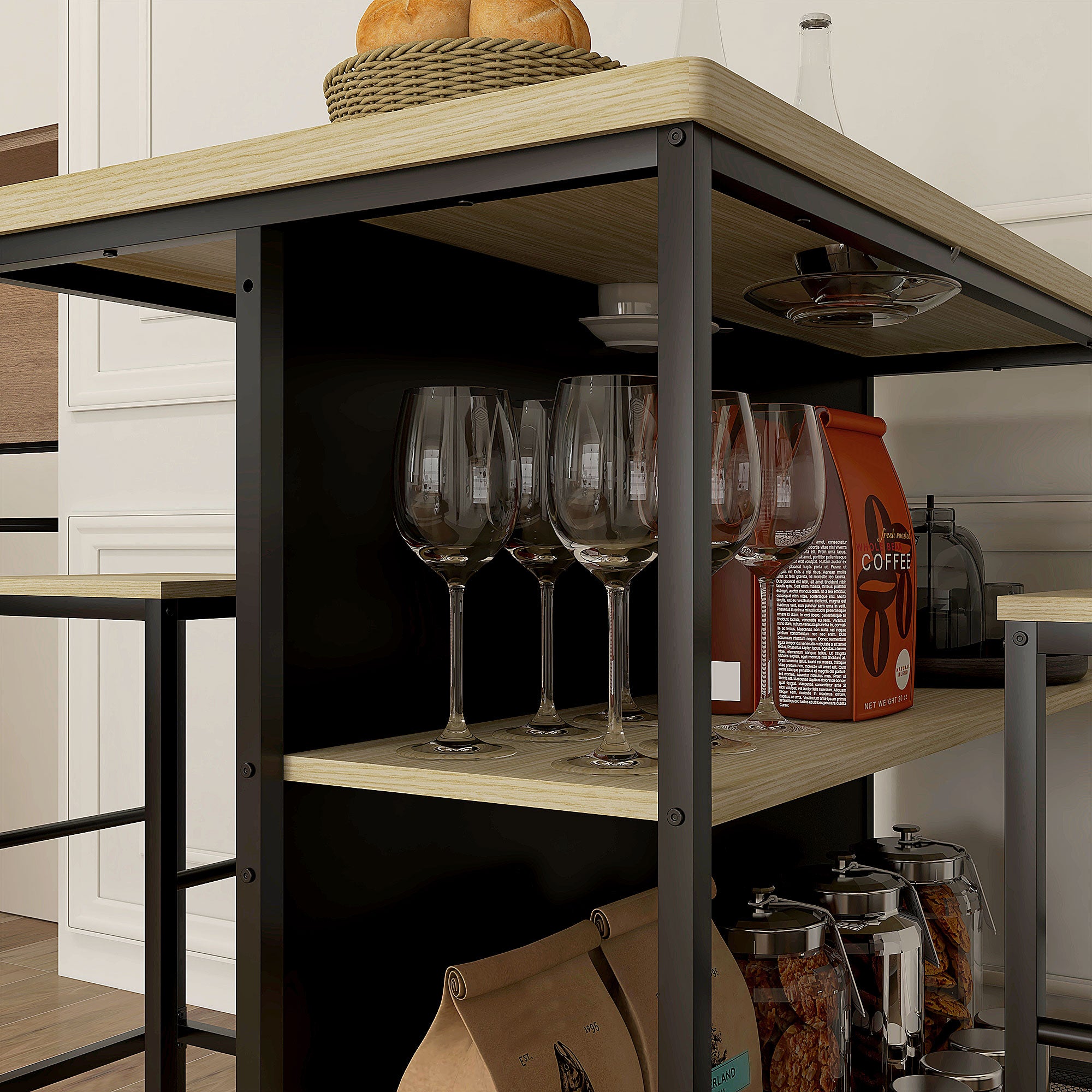 Ensemble table de bar et 2 tabourets style industriel avec étagère de rangement, repose-pieds, métal noir et aspect bois
