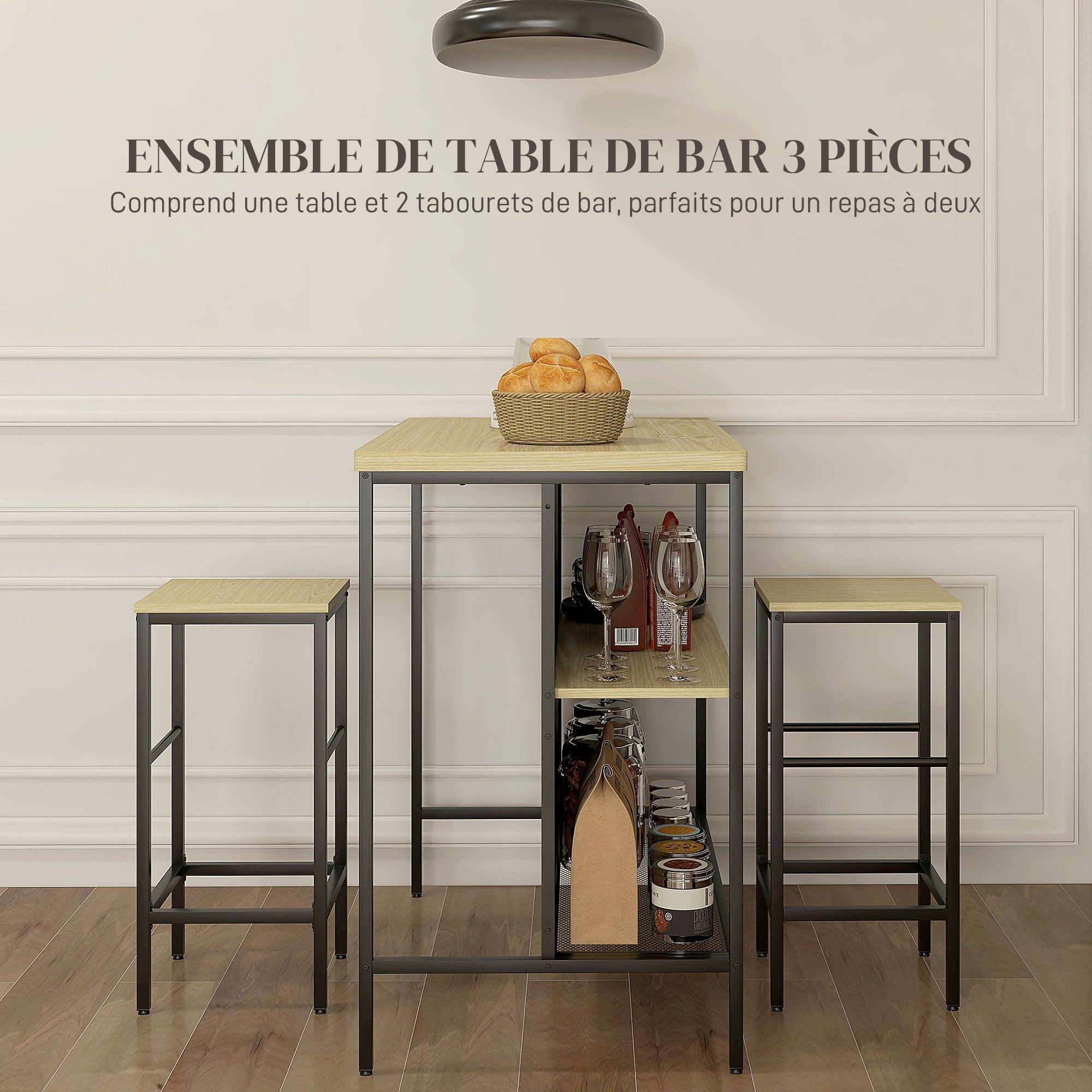 Ensemble table de bar et 2 tabourets style industriel avec étagère de rangement, repose-pieds, métal noir et aspect bois