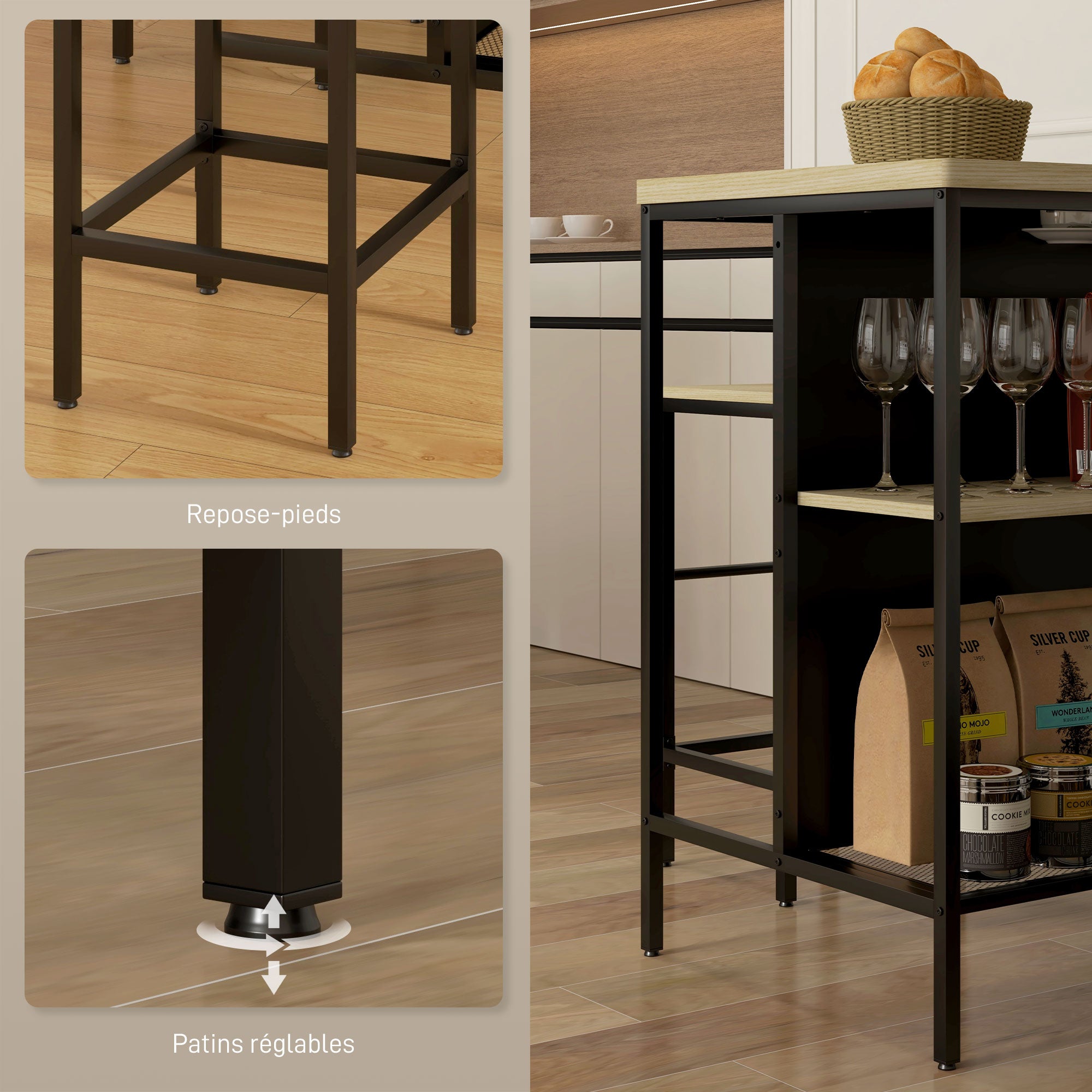 Ensemble table de bar et 2 tabourets style industriel avec étagère de rangement, repose-pieds, métal noir et aspect bois