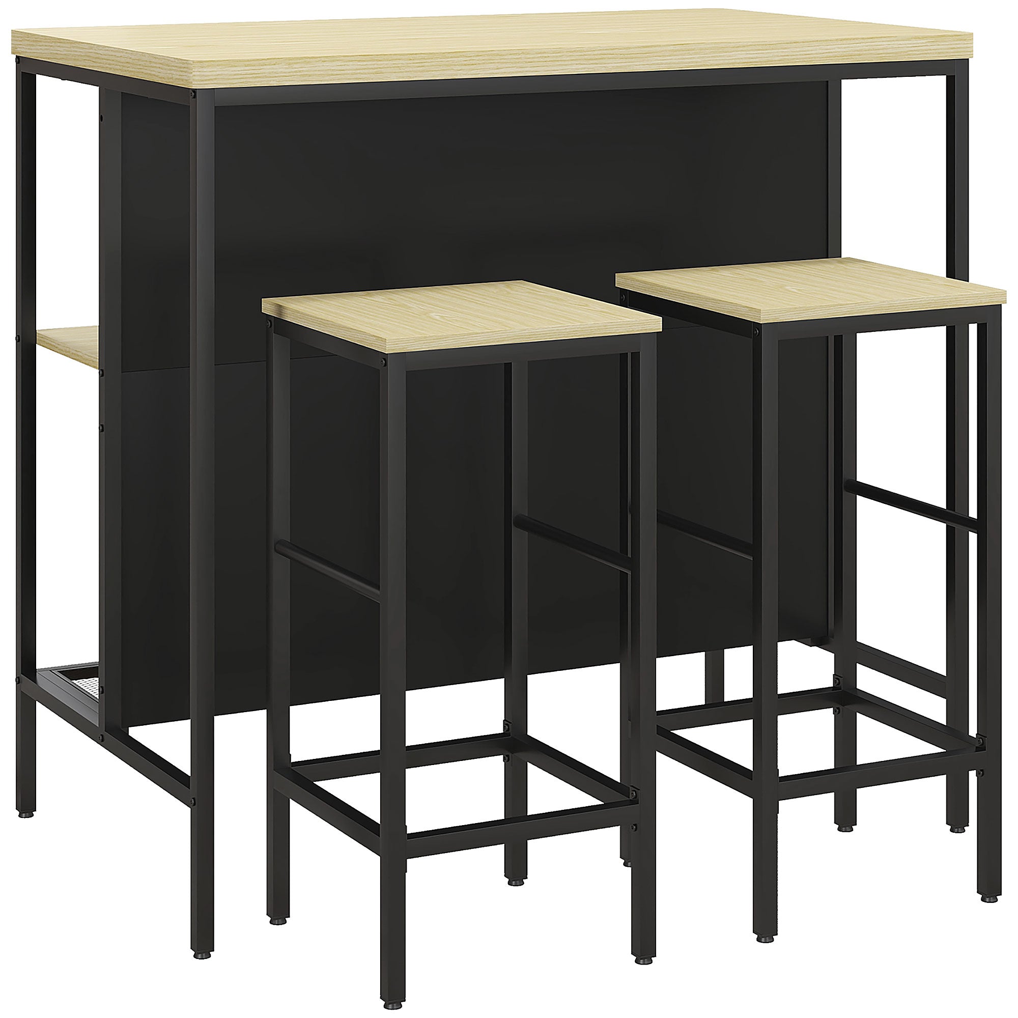 Ensemble table de bar et 2 tabourets style industriel avec étagère de rangement, repose-pieds, métal noir et aspect bois