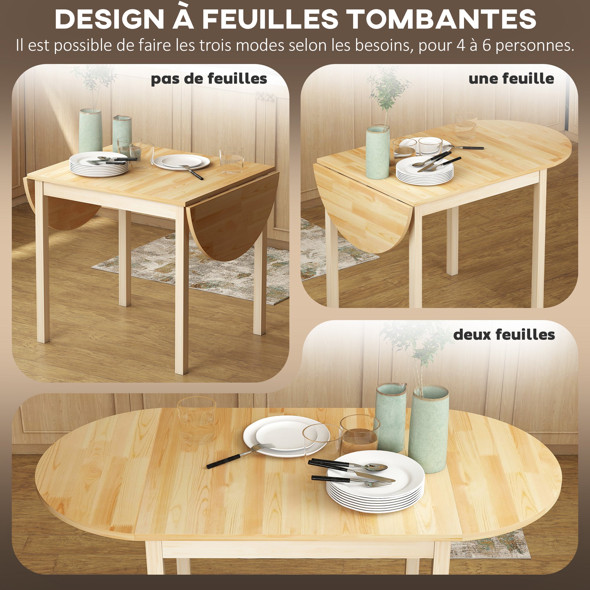 Table de salle à manger pliante pour 4-6 personnes en bois massif 2 abattants - table ovale extensible - peu encombrante, pour petit espace, 140L x 70l x 75H cm