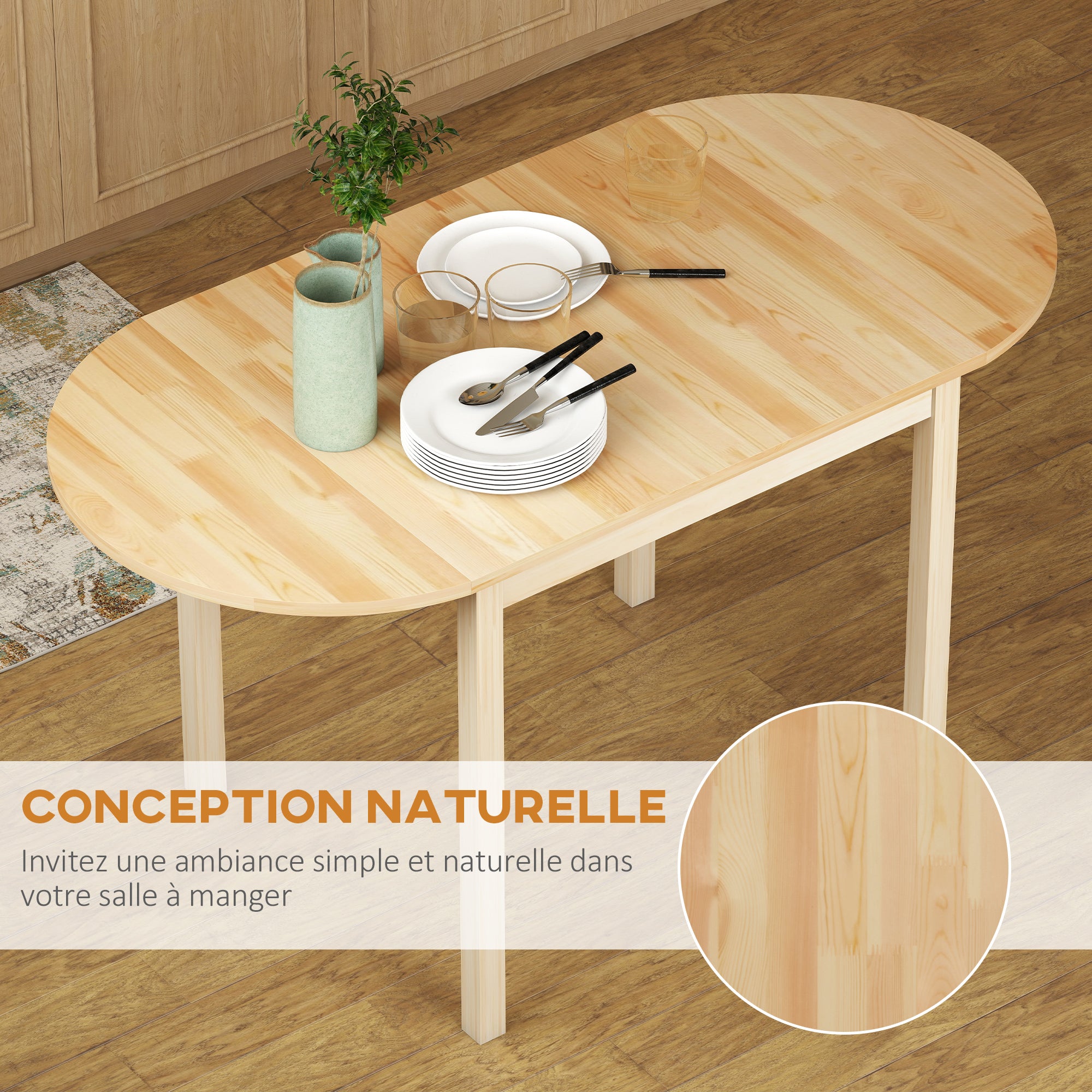 Table de salle à manger pliante pour 4-6 personnes en bois massif 2 abattants - table ovale extensible - peu encombrante, pour petit espace, 140L x 70l x 75H cm