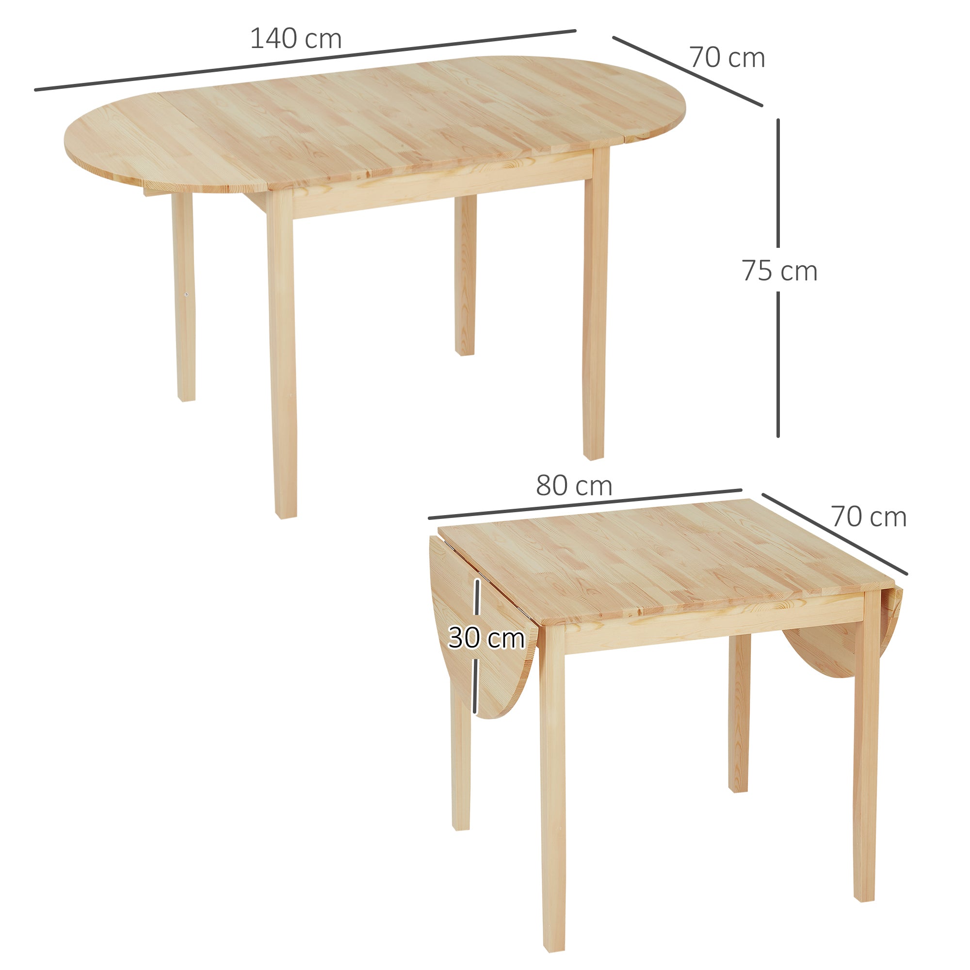 Table de salle à manger pliante pour 4-6 personnes en bois massif 2 abattants - table ovale extensible - peu encombrante, pour petit espace, 140L x 70l x 75H cm