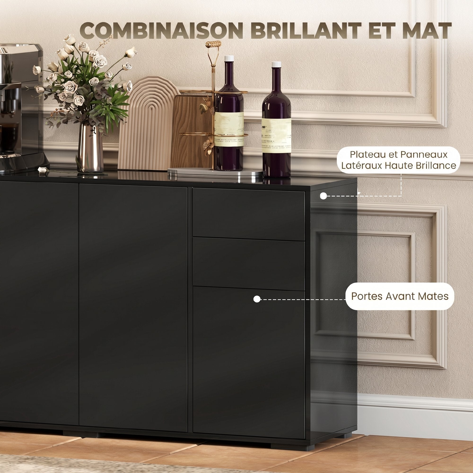 Buffet meuble de rangement 2 tiroirs coulissants 4 portes étagère réglable panneaux de particules 140 x 36 x 74 cm noir