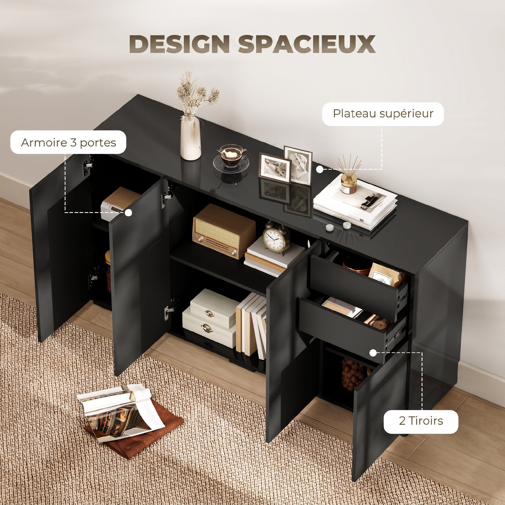 Buffet meuble de rangement 2 tiroirs coulissants 4 portes étagère réglable panneaux de particules 140 x 36 x 74 cm noir