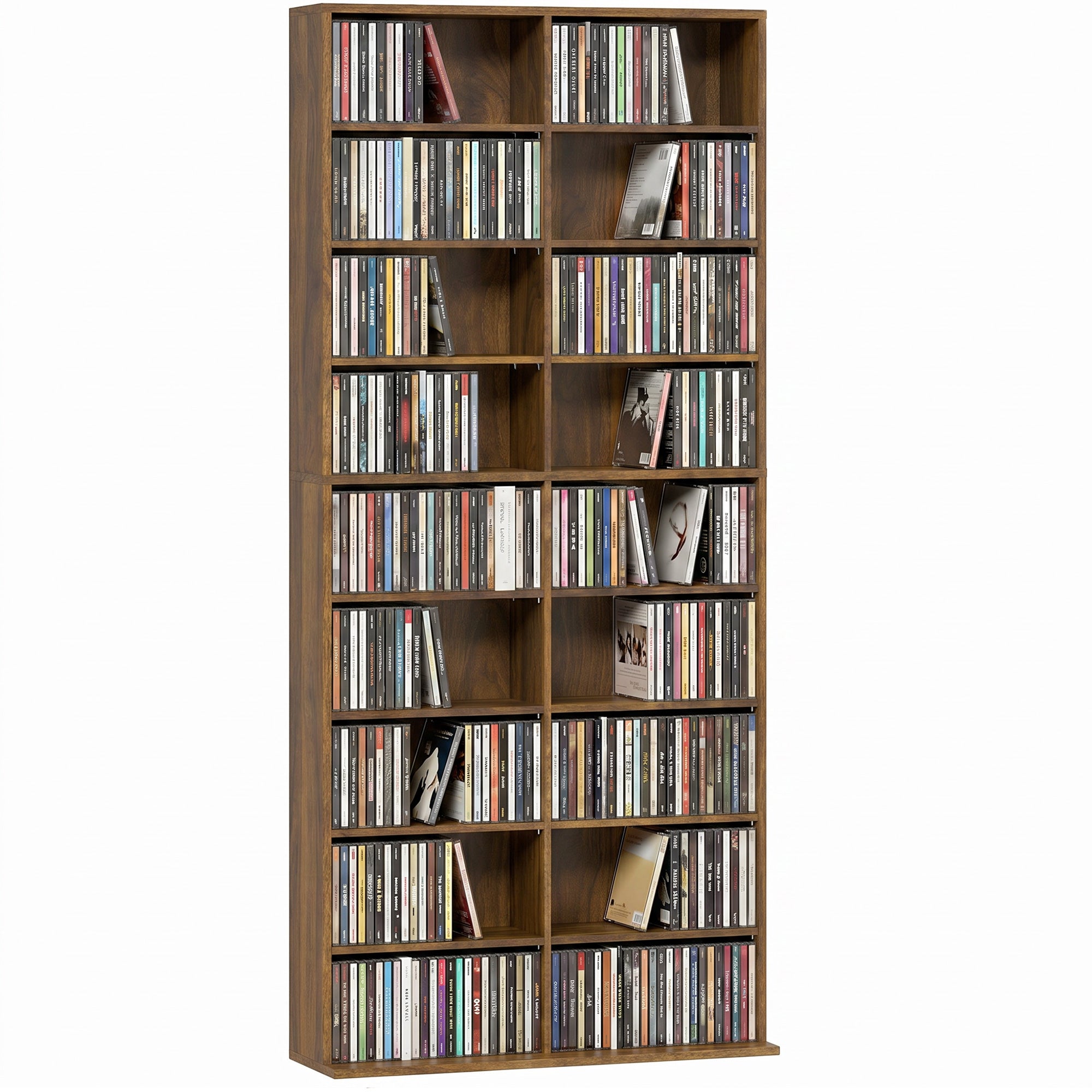 Rangements pour CD et DVD, meuble de rangement multimédia, capacité max. 640 CD/360 DVD et 430 Blu-ray, 18 compartiments 14 étagères réglables, pour salon, chambre, 78,5x24x175cm, noyer foncé