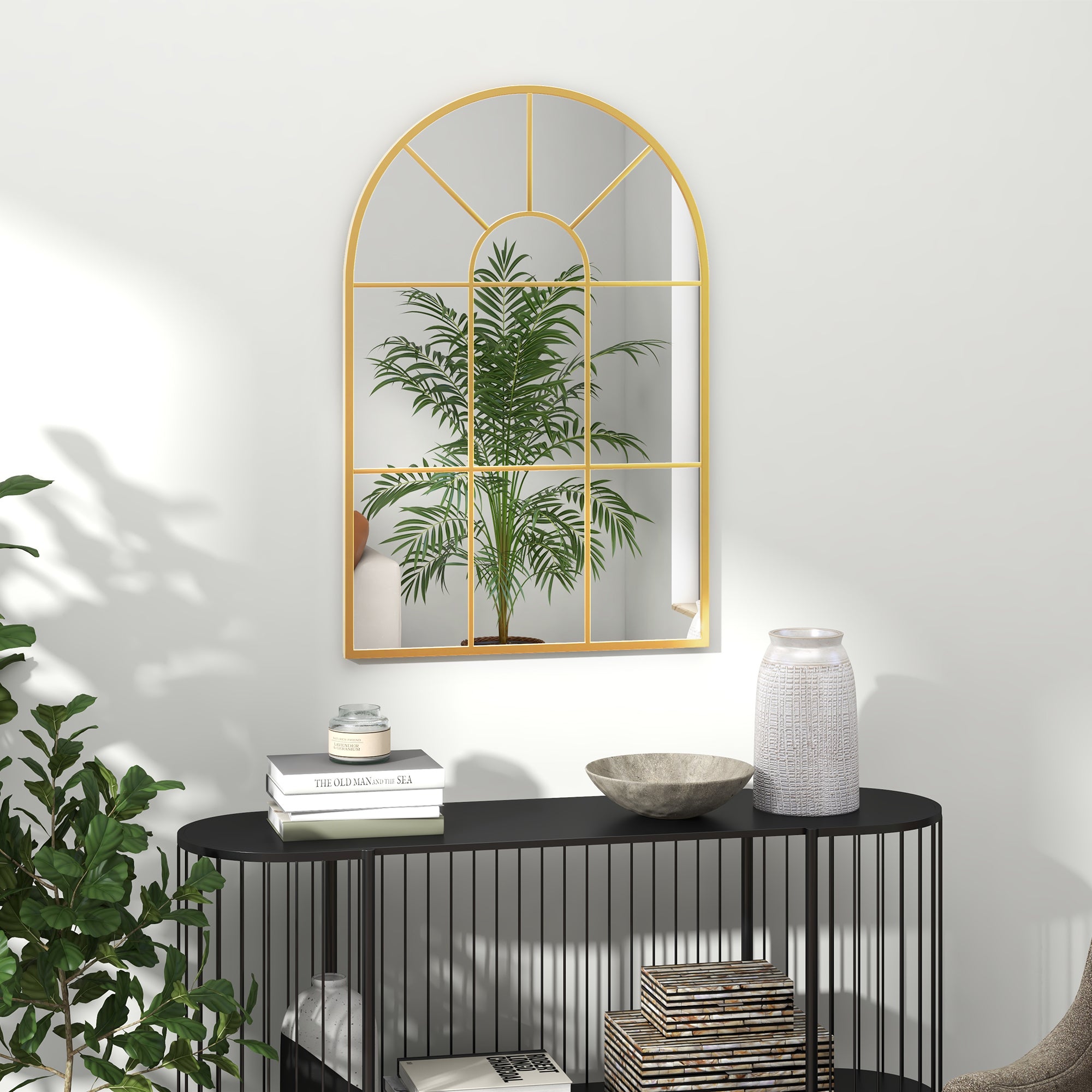 Miroir mural arqué 91 x 60 cm, miroir verrière arche style industriel, miroir de fenêtre arqué avec cadre métallique, pour salon, chambre, couloir, doré
