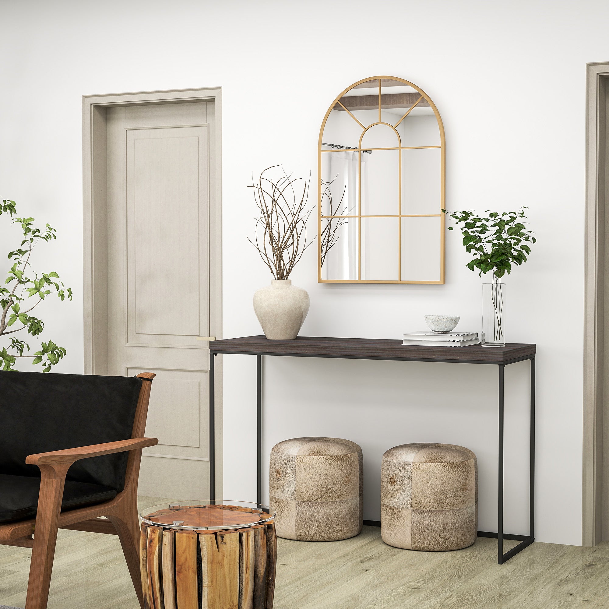 Miroir mural arqué 91 x 60 cm, miroir verrière arche style industriel, miroir de fenêtre arqué avec cadre métallique, pour salon, chambre, couloir, doré