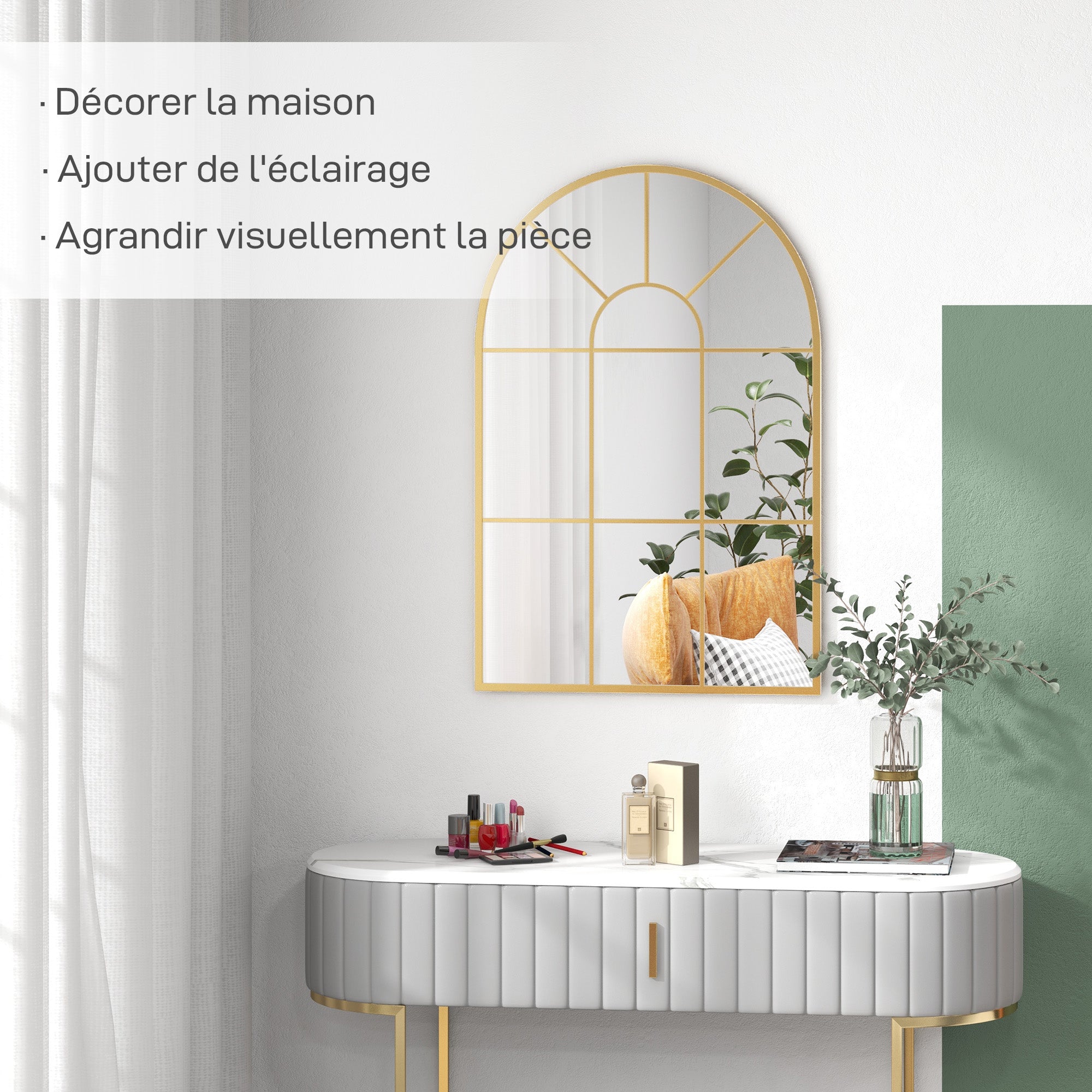 Miroir mural arqué 91 x 60 cm, miroir verrière arche style industriel, miroir de fenêtre arqué avec cadre métallique, pour salon, chambre, couloir, doré