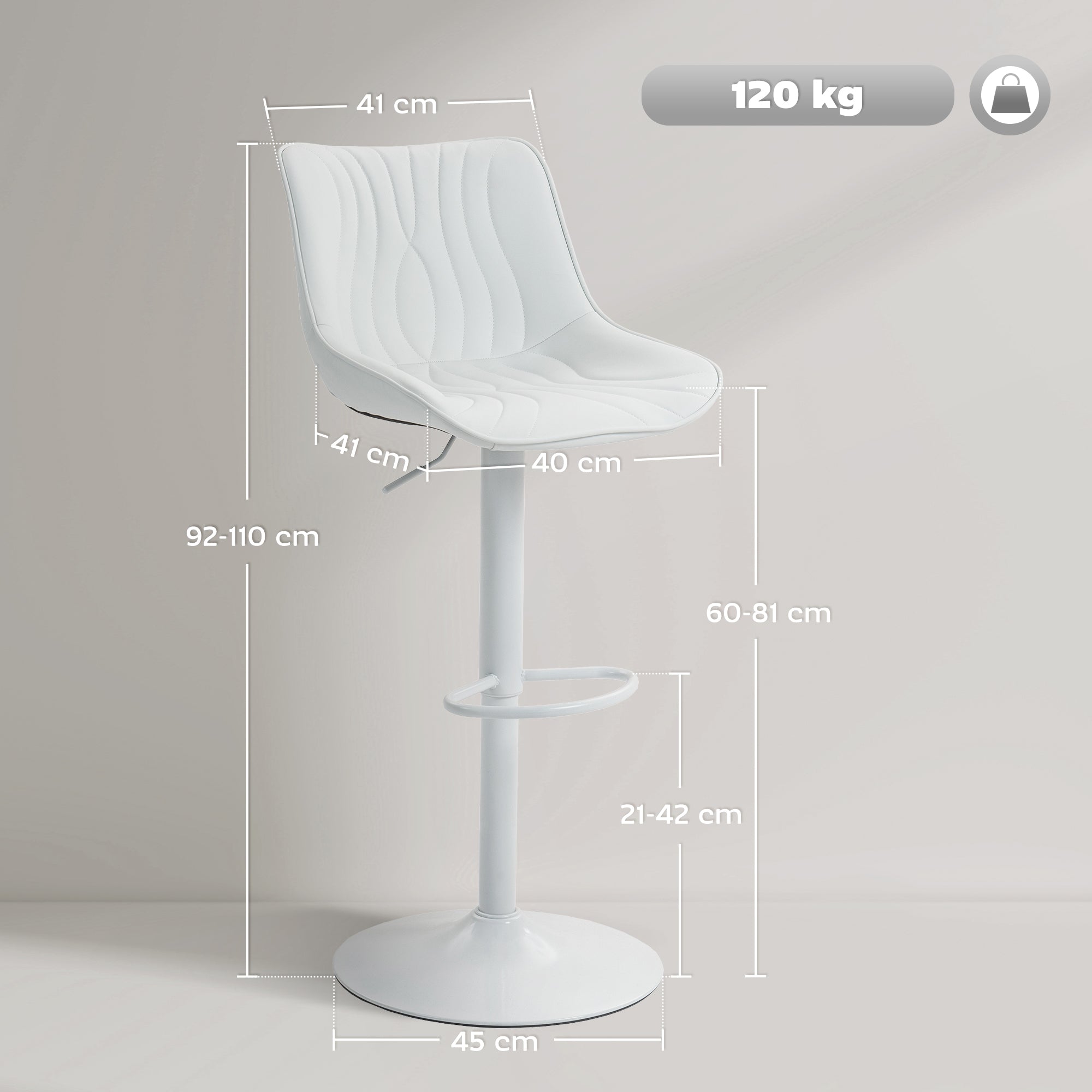 Lot de 2 tabourets de bar, chaises de bar, structure en acier, hauteur réglable 92-110 cm, chaises hautes avec dossier et repose-pieds, design moderne, siège en polyuréthane, blanc