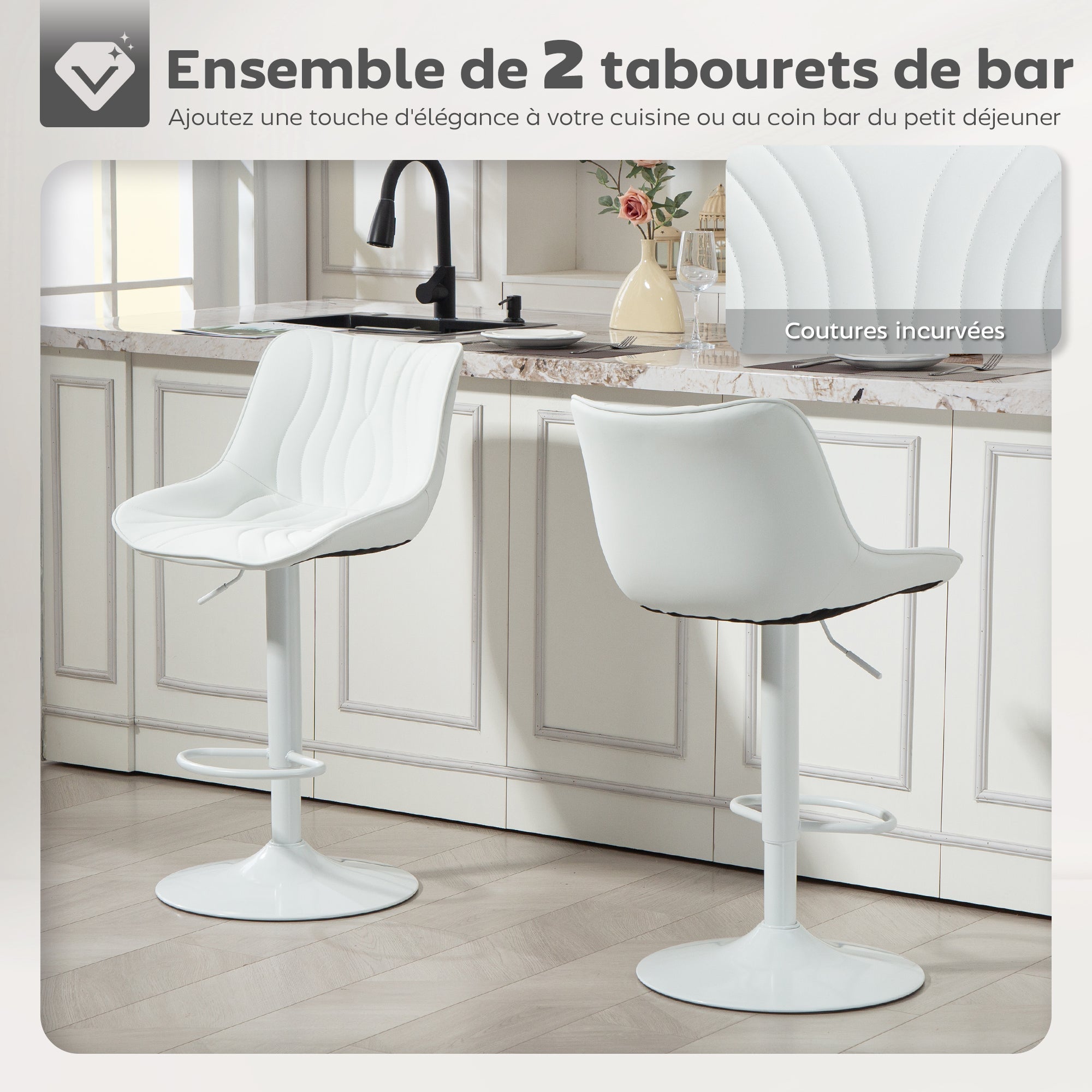 Lot de 2 tabourets de bar, chaises de bar, structure en acier, hauteur réglable 92-110 cm, chaises hautes avec dossier et repose-pieds, design moderne, siège en polyuréthane, blanc