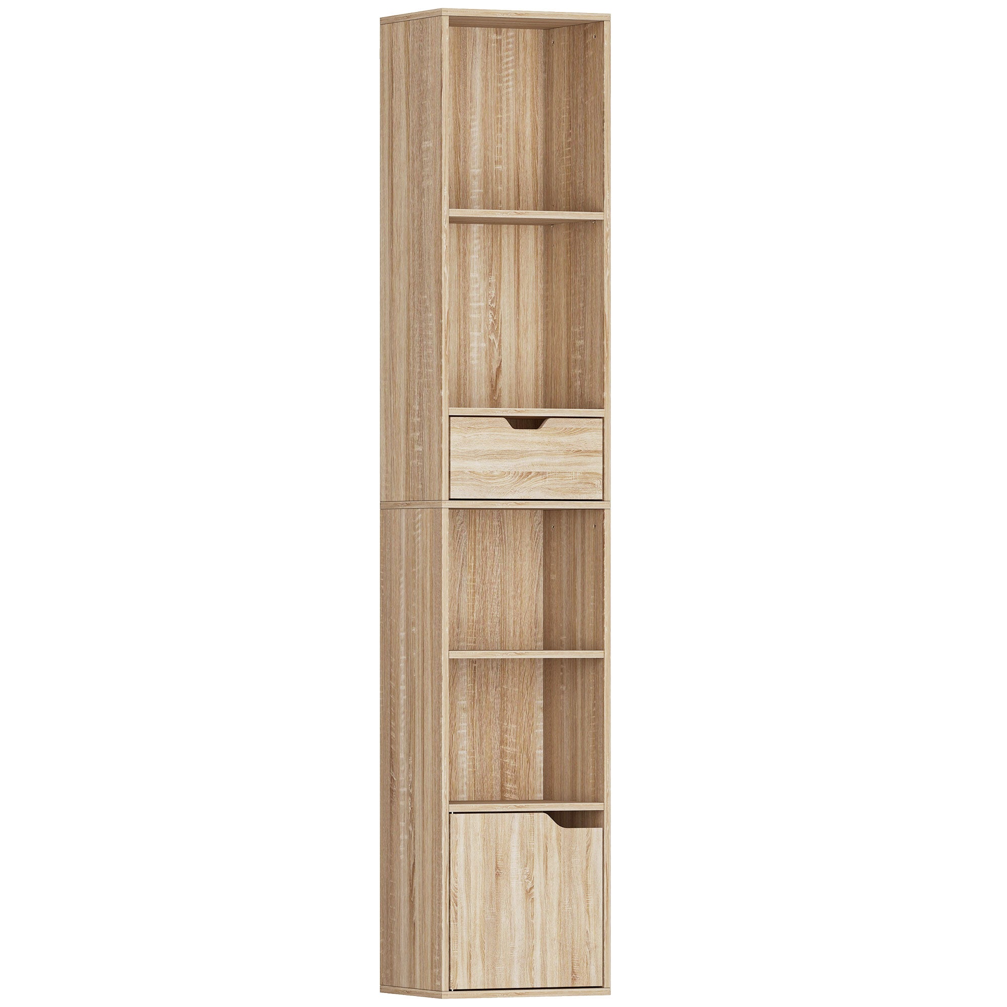 Bibliothèque, étagère à livres, meuble de rangement avec tiroir, placard et compartiments ouvertes, étagère de rangement pour salon, chambre bureau, 30 x 24 x 158 cm, bois naturel