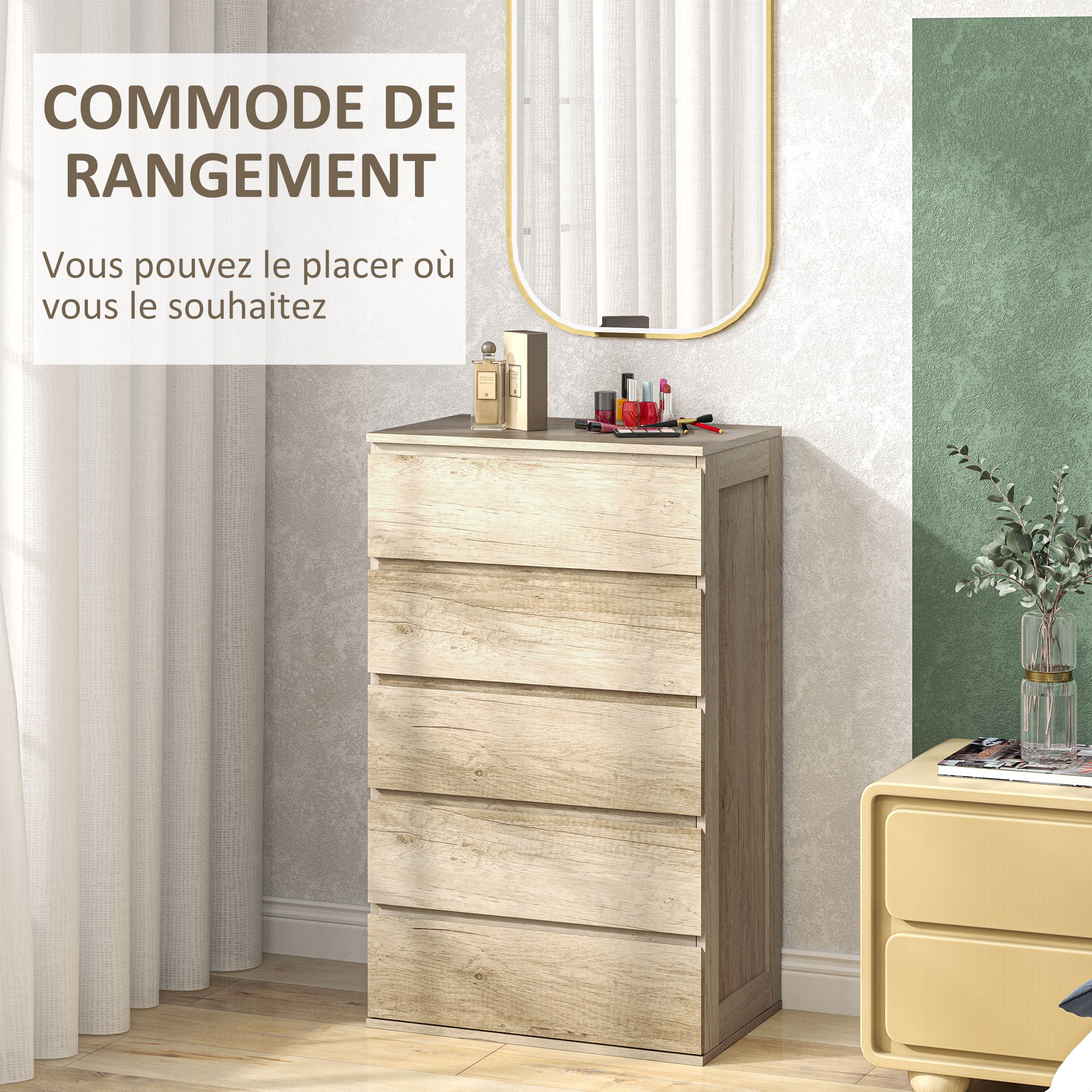 Commode 5 tiroirs commode chambre meuble de rangement épuré style moderne avec mécanisme de fermeture en douceur, pour chambre à coucher, salon - 60 x 38 x 100 cm, bois naturel