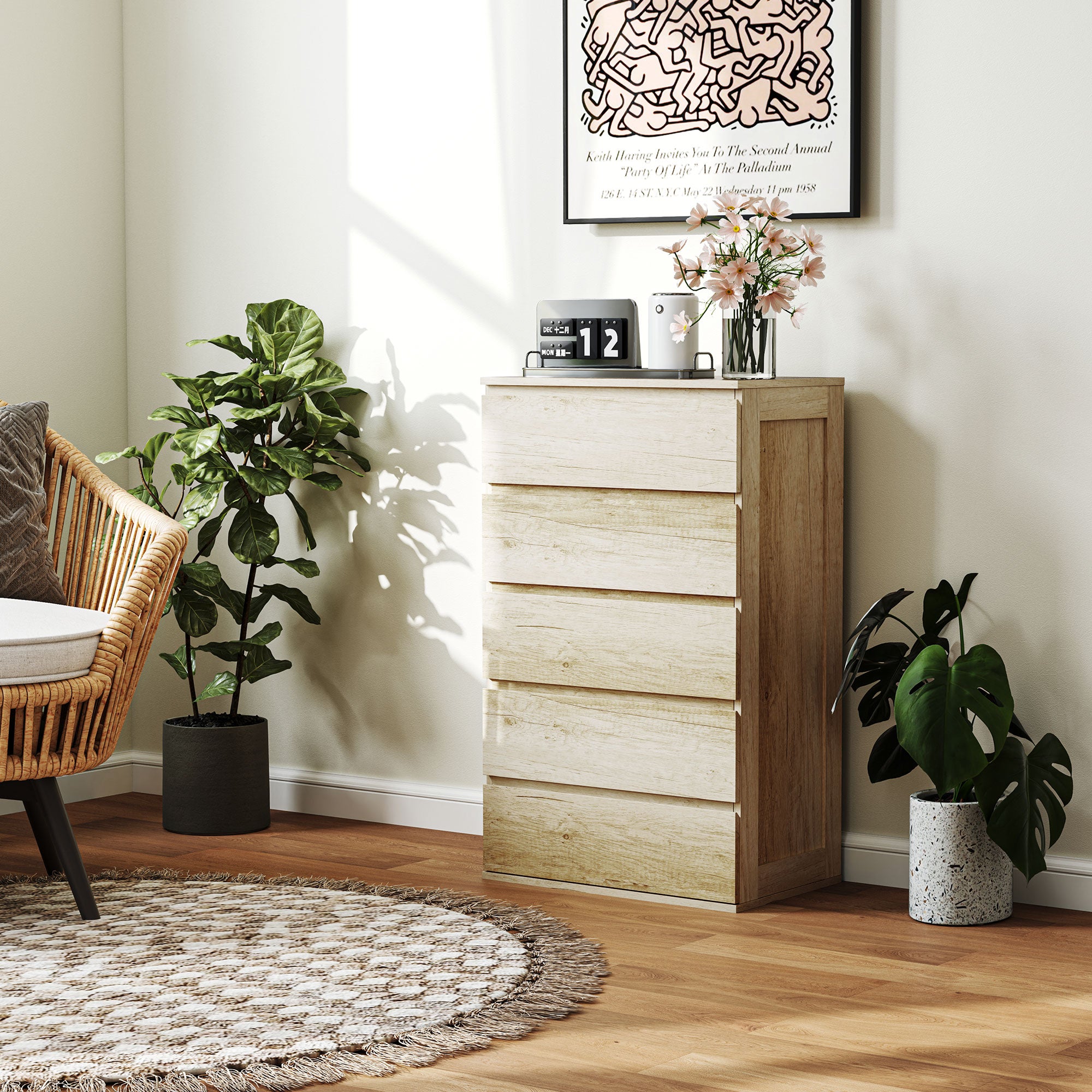 Commode 5 tiroirs commode chambre meuble de rangement épuré style moderne avec mécanisme de fermeture en douceur, pour chambre à coucher, salon - 60 x 38 x 100 cm, bois naturel