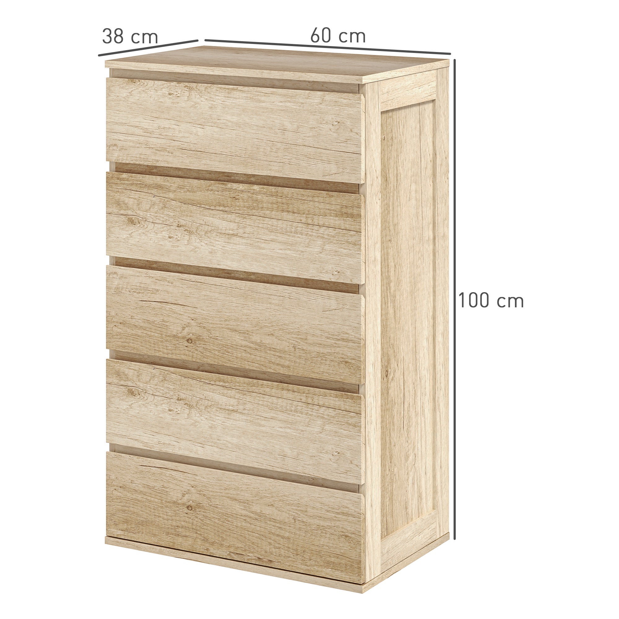Commode 5 tiroirs commode chambre meuble de rangement épuré style moderne avec mécanisme de fermeture en douceur, pour chambre à coucher, salon - 60 x 38 x 100 cm, bois naturel