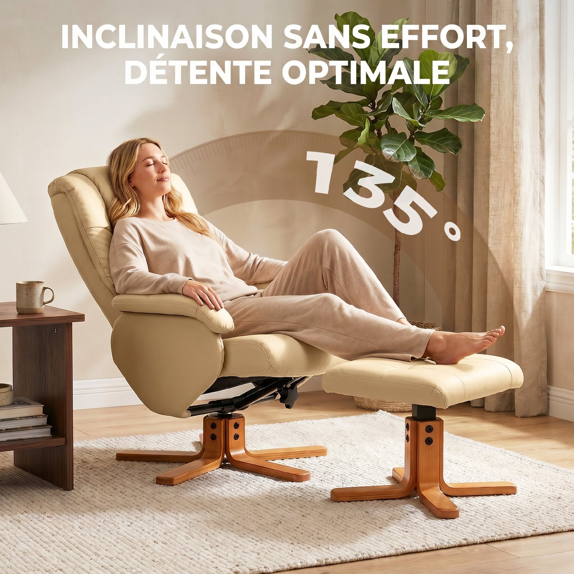 Fauteuil relax avec repose-pied fauteuil de relaxation chaise relaxant pivotant 360° et dossier inclinable chaise TV charge jusqu'à 120 Kg pour salon, chambre, bureau, beige