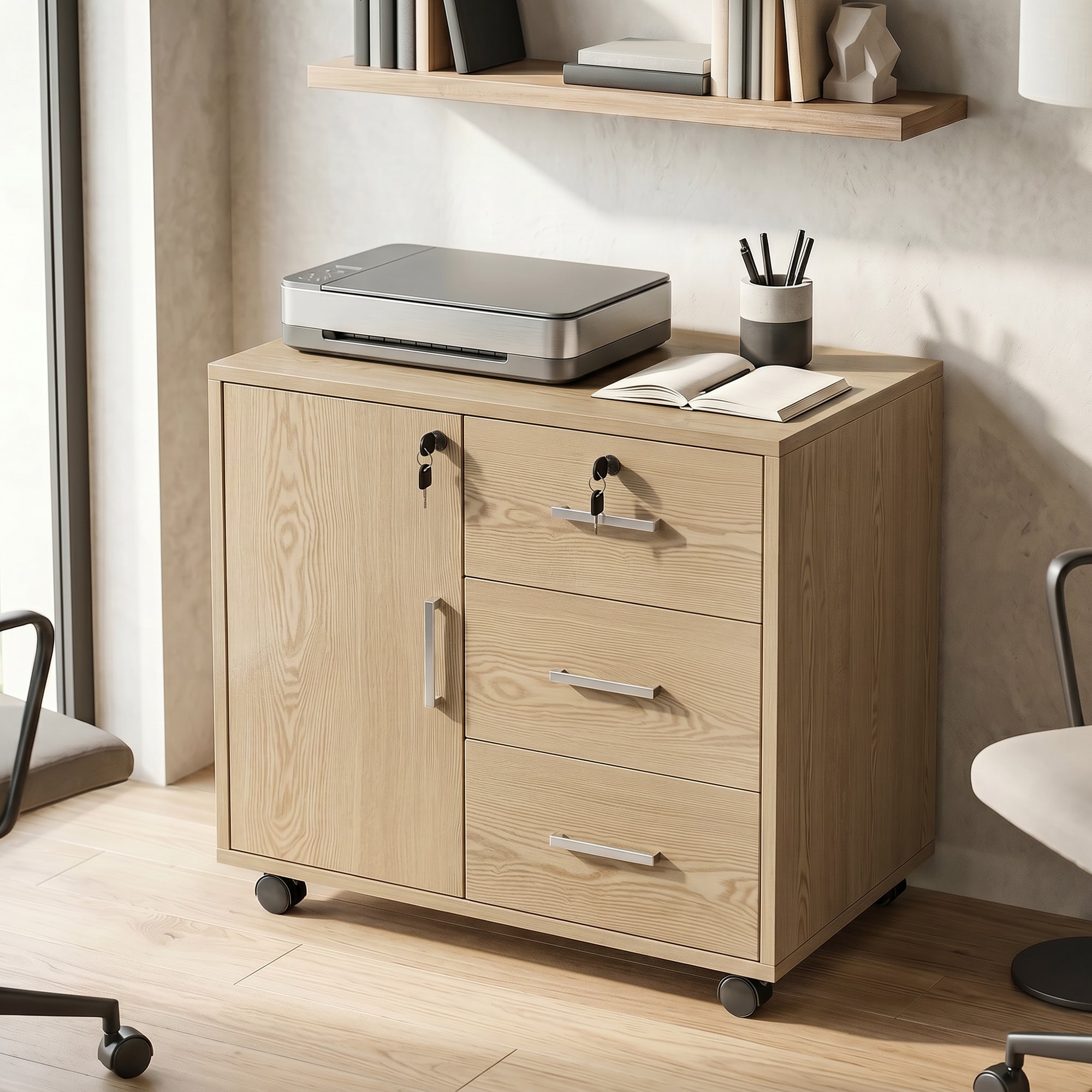 Caisson bureau meuble de rangement avec 3 tiroirs et étagère réglable, armoire rangement bureau verrouillable avec roulettes, dim. 40 x 60 x 56 cm, marron clair