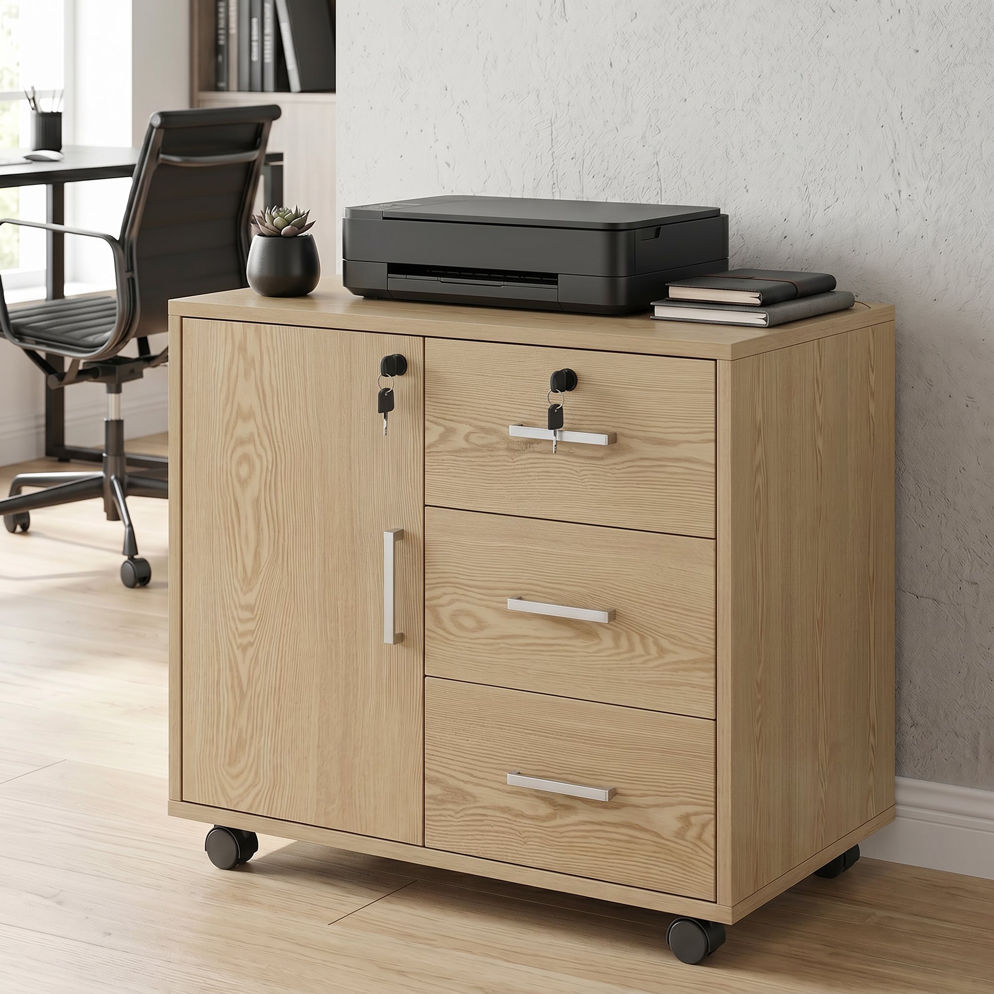 Caisson bureau meuble de rangement avec 3 tiroirs et étagère réglable, armoire rangement bureau verrouillable avec roulettes, dim. 40 x 60 x 56 cm, marron clair