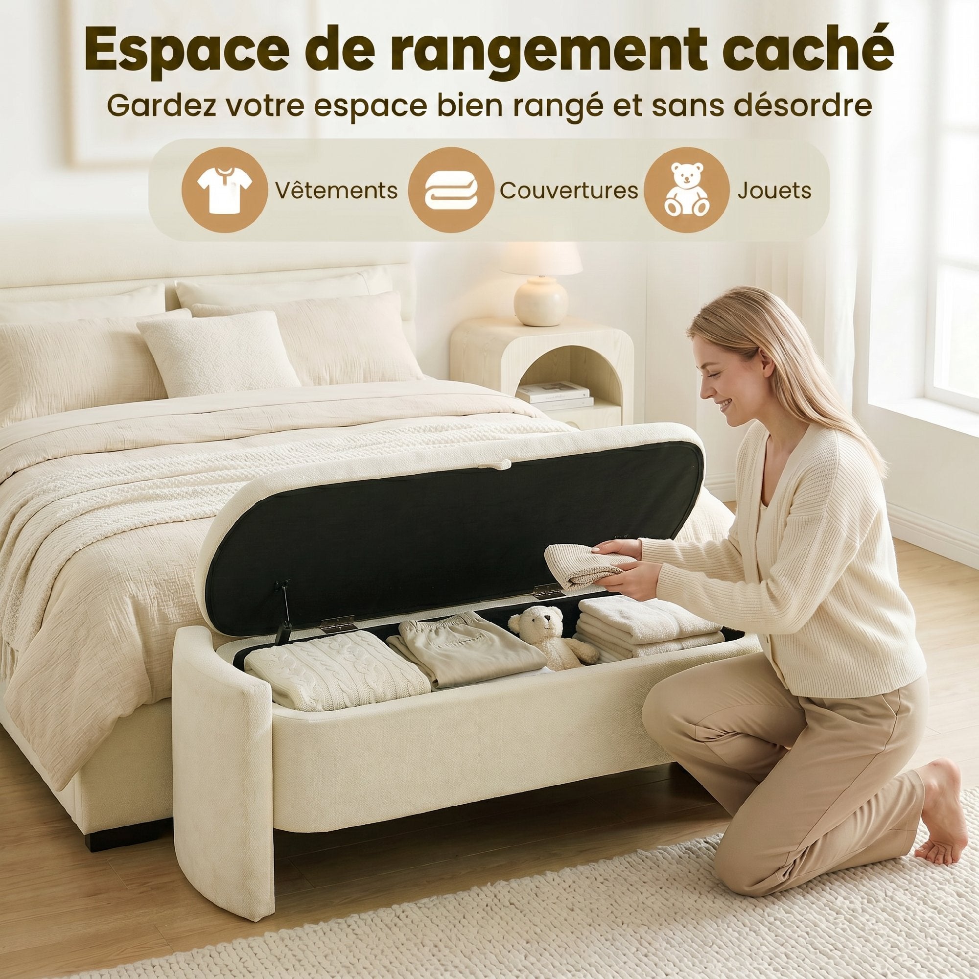 Banc Bout de Lit Banquette, 118x42x45cm, Banc de Rangement Rembourré en Tissu Bouclé, Pieds en Bois d'Eucalyptus, Charge 220 Kg, Coffre de Rangement pour Chambre à Coucher ou Entrée, Crème