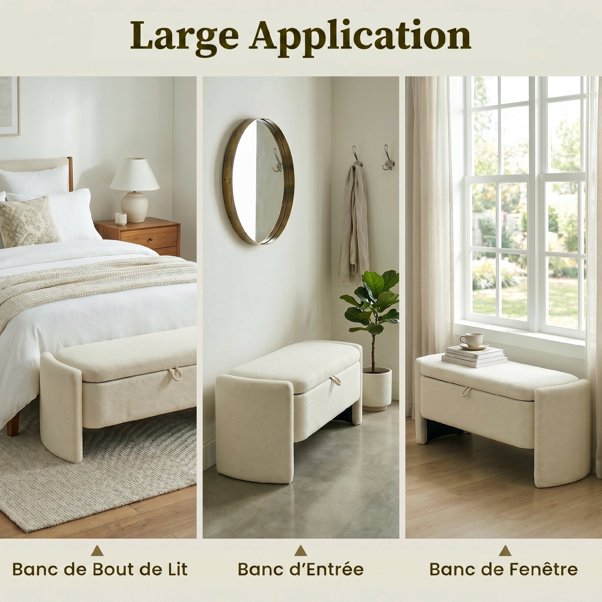 Banc Bout de Lit Banquette, 118x42x45cm, Banc de Rangement Rembourré en Tissu Bouclé, Pieds en Bois d'Eucalyptus, Charge 220 Kg, Coffre de Rangement pour Chambre à Coucher ou Entrée, Crème