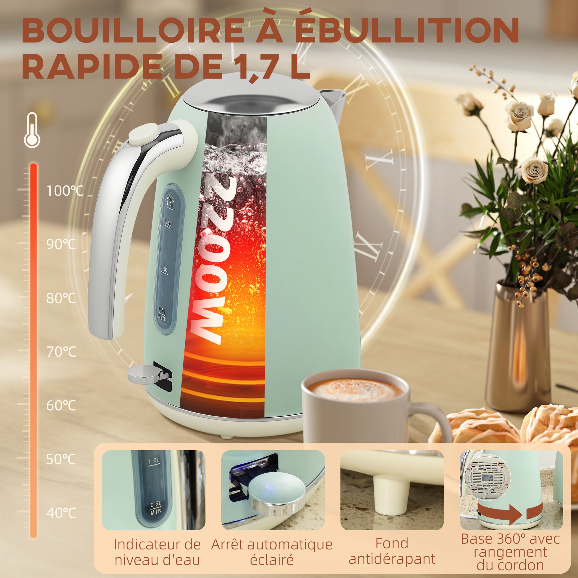 Ensemble bouilloire et grille-pain en inox 2200 W et 1,7 L, grille-pain 2 tranches, 7 niveaux de brunissage, chauffage rapide, thermostat Strix, filtre anticalcaire et plateau à miettes, vert