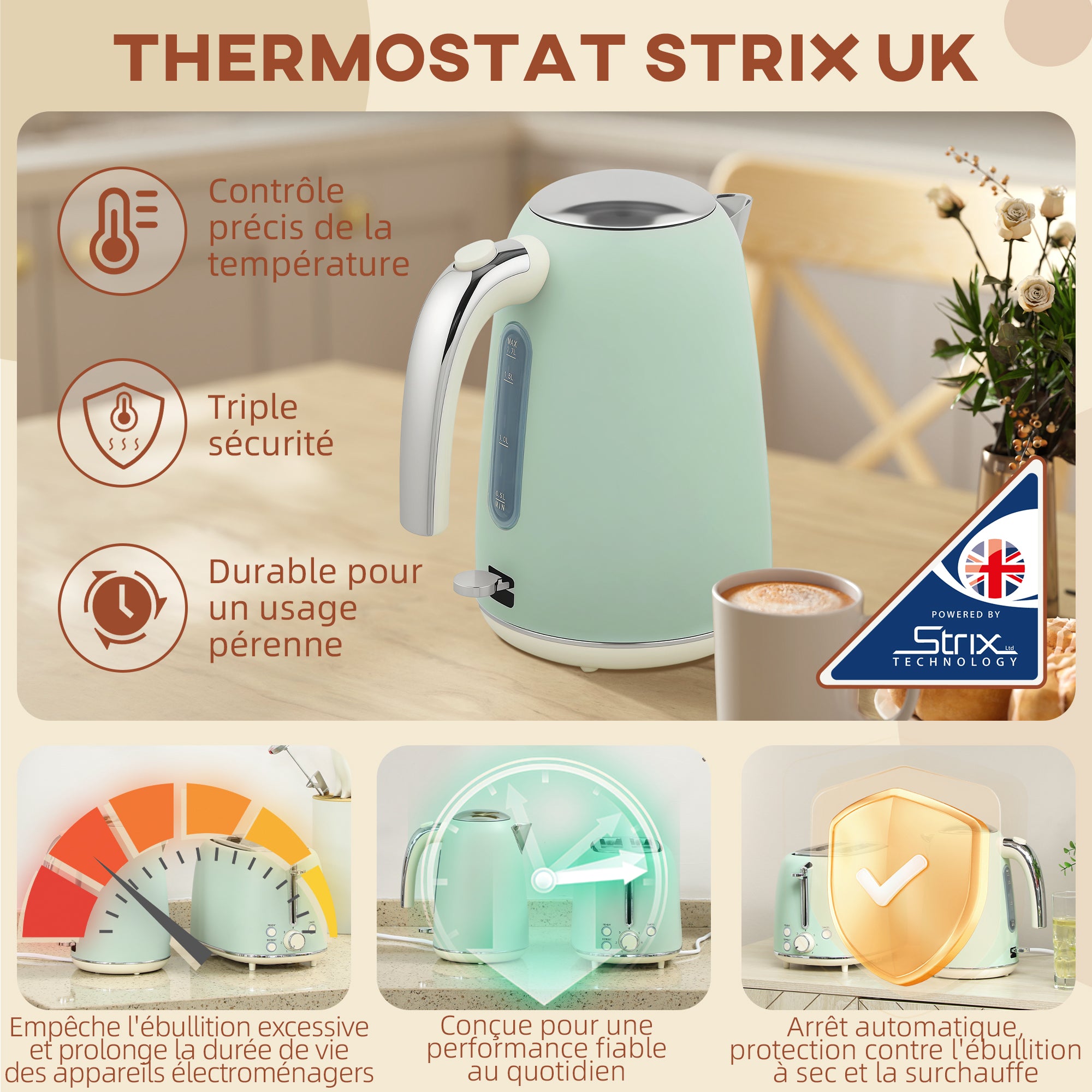 Ensemble bouilloire et grille-pain en inox 2200 W et 1,7 L, grille-pain 2 tranches, 7 niveaux de brunissage, chauffage rapide, thermostat Strix, filtre anticalcaire et plateau à miettes, vert