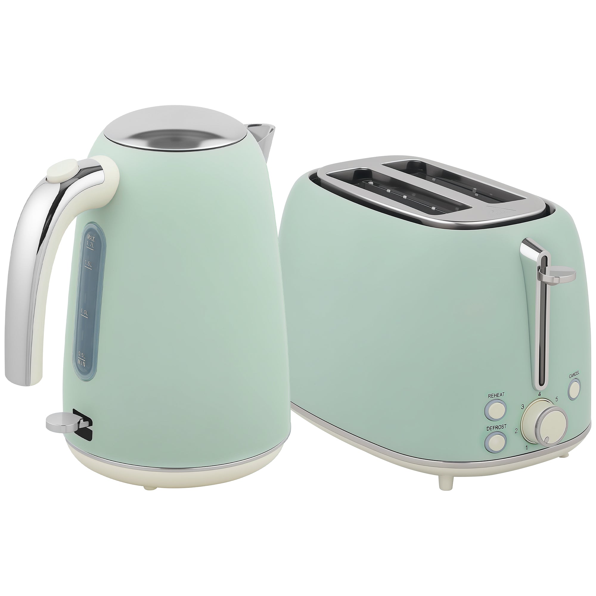 Ensemble bouilloire et grille-pain en inox 2200 W et 1,7 L, grille-pain 2 tranches, 7 niveaux de brunissage, chauffage rapide, thermostat Strix, filtre anticalcaire et plateau à miettes, vert