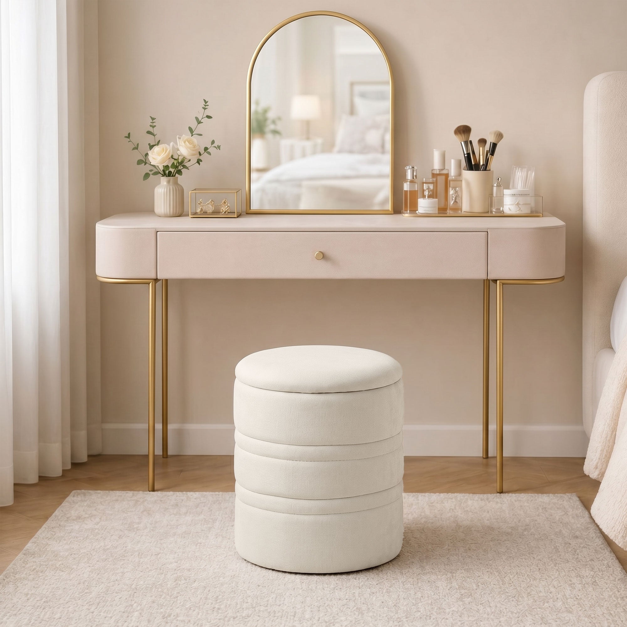 Pouf coffre rangement, tabouret rond avec couvercle, pouf repose-pieds en chenille, pour la chambre à coucher, entrée, salon, charge 120 Kg, Ø 36,5 x 46,5 cm, beige
