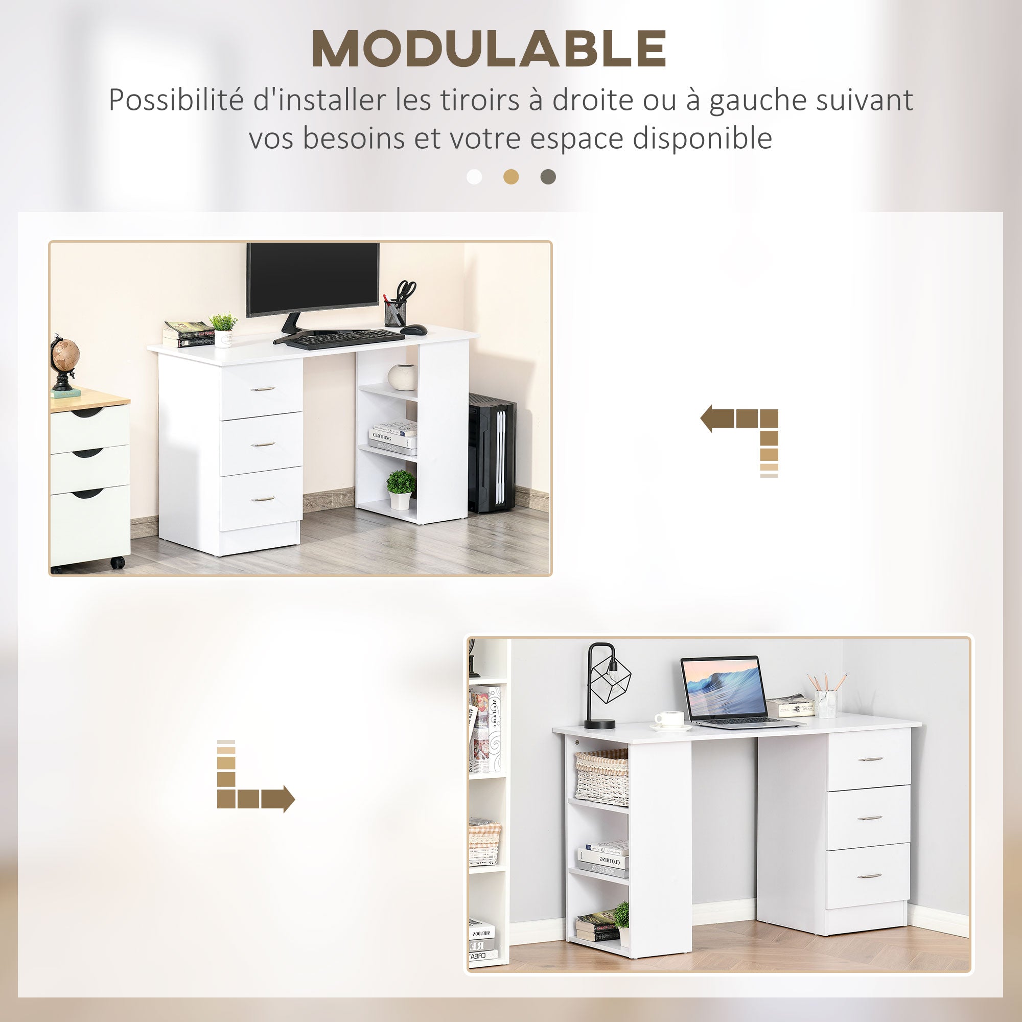 Bureau avec rangement, table informatique 120 x 50 cm, bureau d'ordinateur avec étagères et tiroirs, pour petits espaces, chambre à coucher, blanc