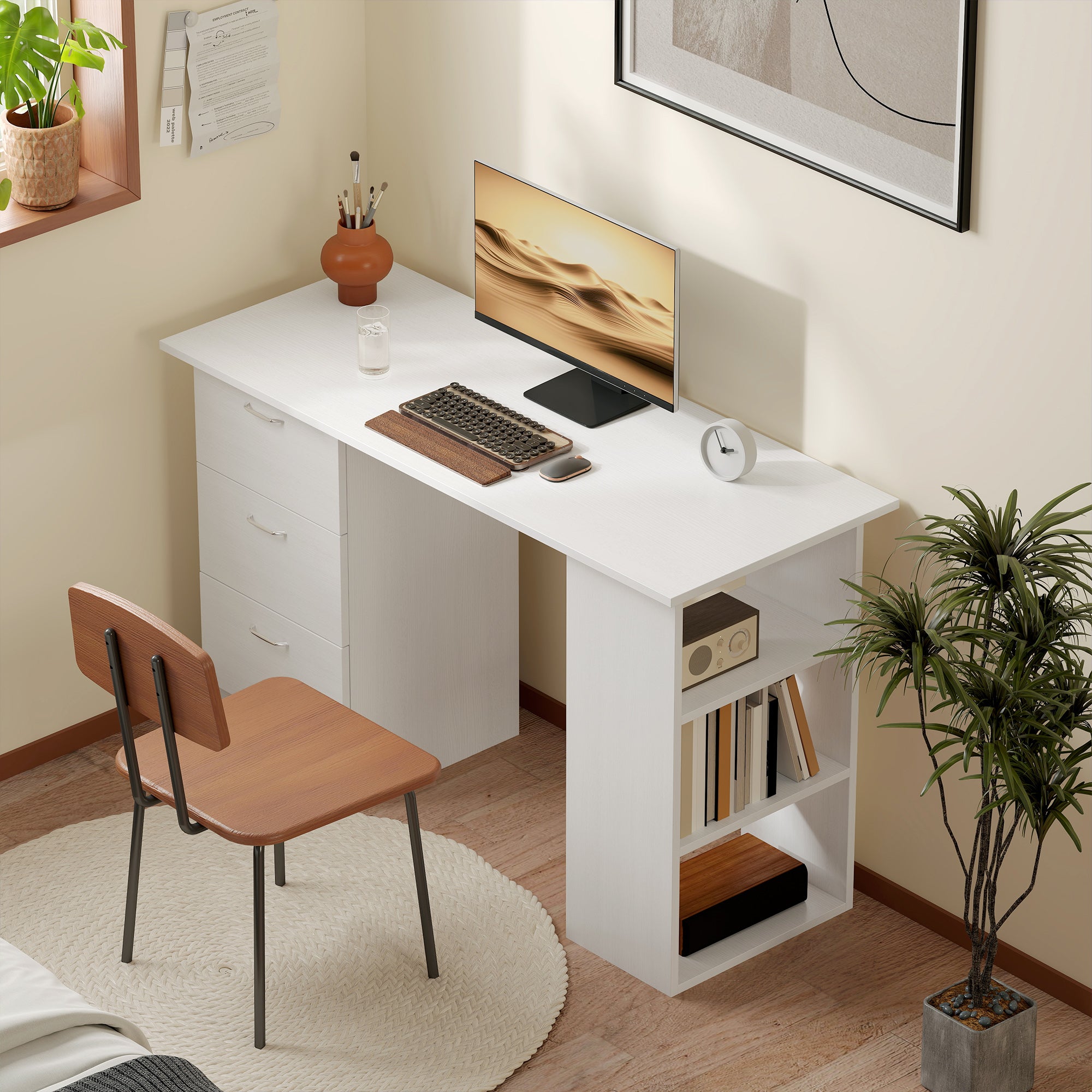 Bureau avec rangement, table informatique 120 x 50 cm, bureau d'ordinateur avec étagères et tiroirs, pour petits espaces, chambre à coucher, blanc