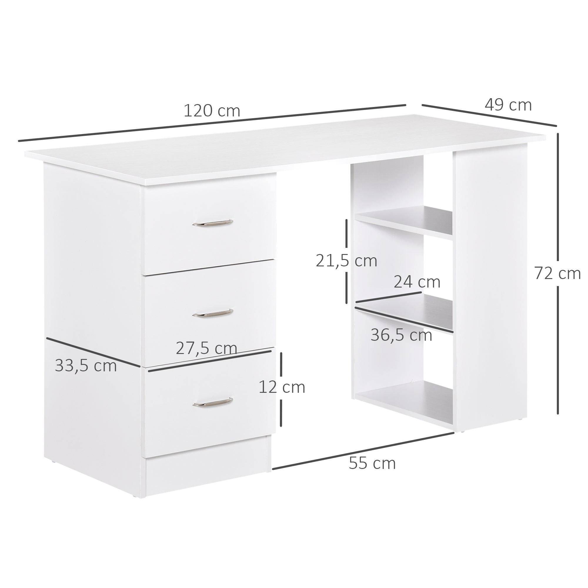Bureau avec rangement, table informatique 120 x 50 cm, bureau d'ordinateur avec étagères et tiroirs, pour petits espaces, chambre à coucher, blanc