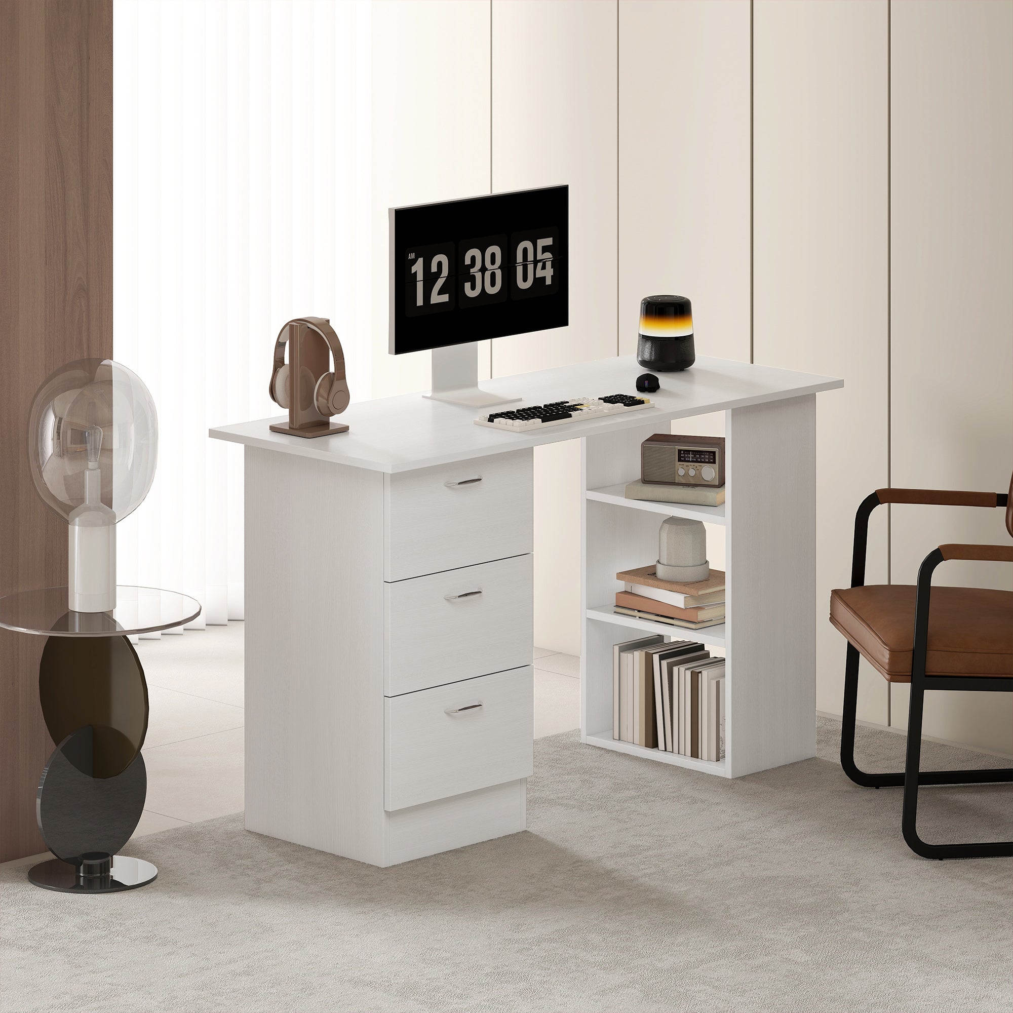 Bureau avec rangement, table informatique 120 x 50 cm, bureau d'ordinateur avec étagères et tiroirs, pour petits espaces, chambre à coucher, blanc