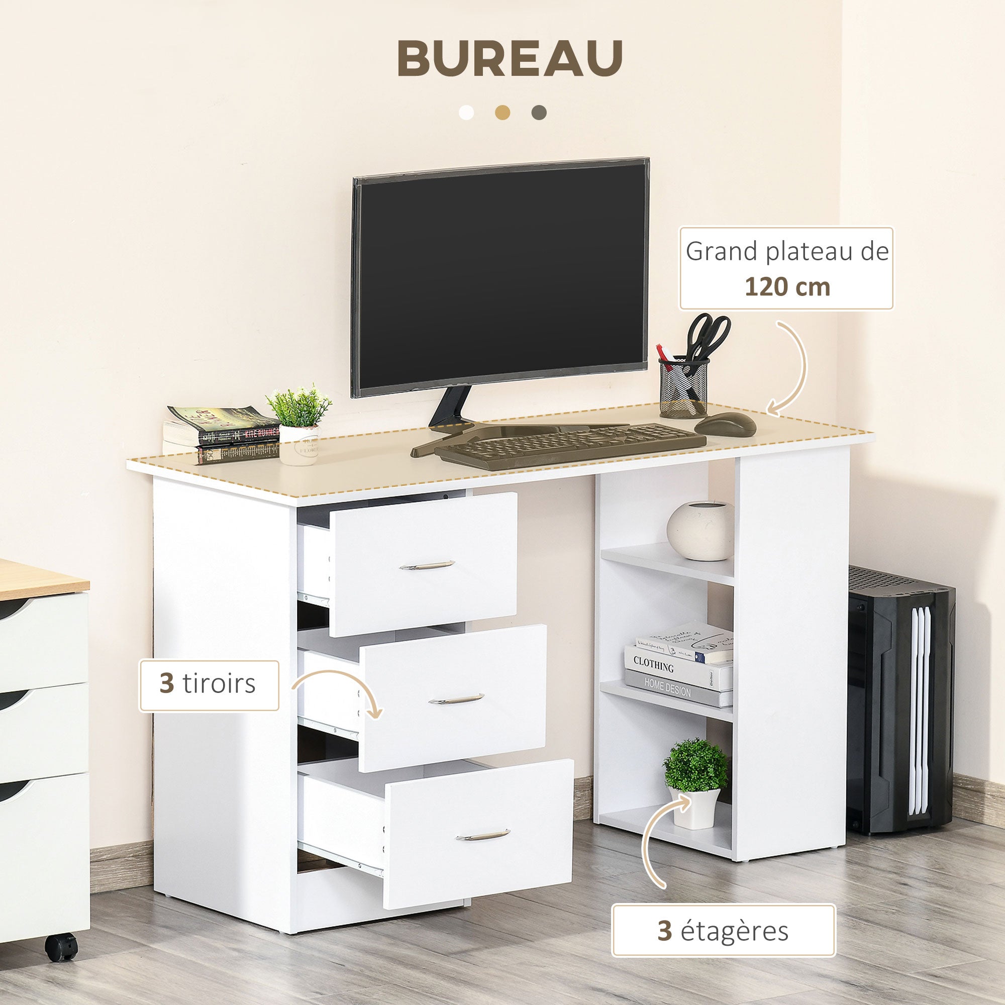 Bureau avec rangement, table informatique 120 x 50 cm, bureau d'ordinateur avec étagères et tiroirs, pour petits espaces, chambre à coucher, blanc