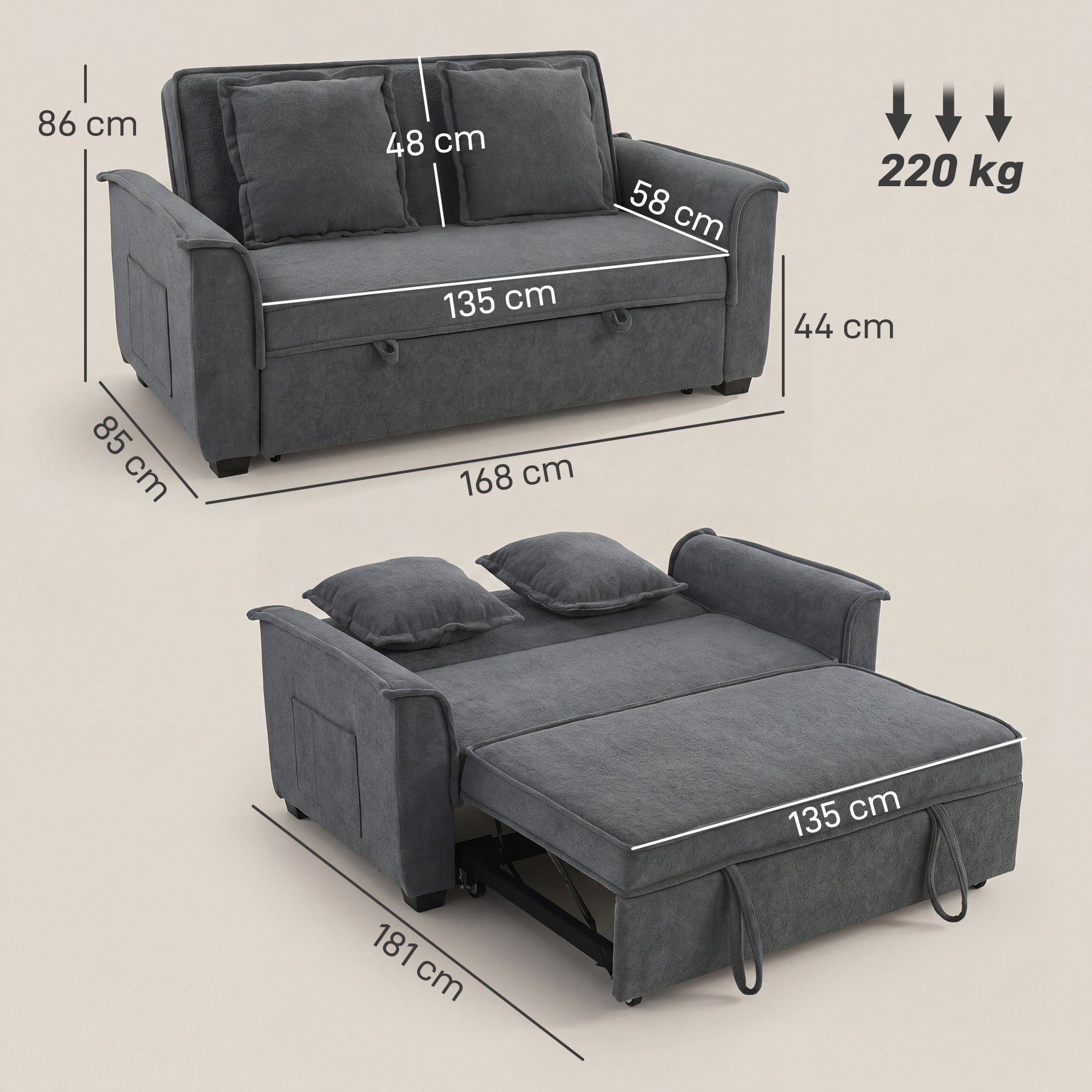 Canapé convertible 2 places, canapé-lit clic-clac en chenille 168cm, dossier réglable, ressorts ensachés, poche latérale, 2 coussins, style moderne, pour salon chambre d'amis petit espace, gris