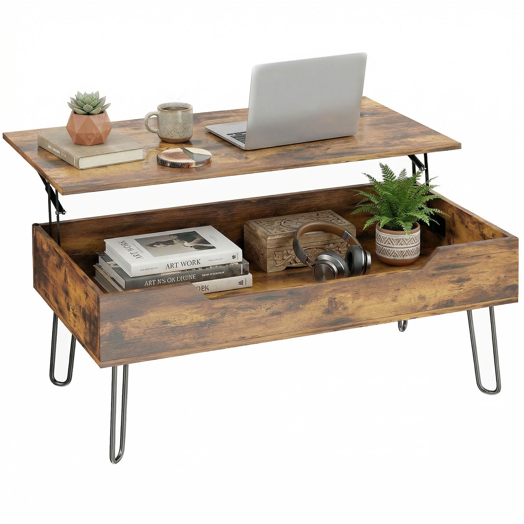 Table Basse Rectangulaire en Bois avec Grand Rangement Caché, Hauteur Réglable, Table de Salon Industrielle avec Pieds en Métal, pour Chambre, Séjour, Bureau, 95 x 50 x 40 cm, Marron Rustique