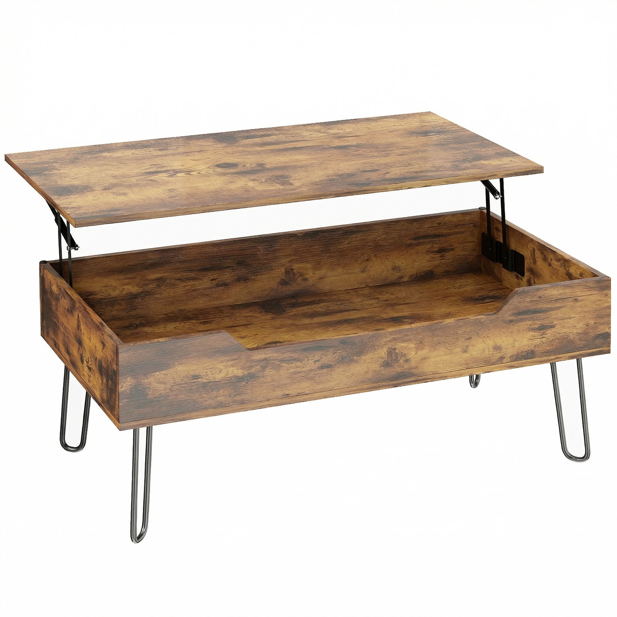 Table Basse Rectangulaire en Bois avec Grand Rangement Caché, Hauteur Réglable, Table de Salon Industrielle avec Pieds en Métal, pour Chambre, Séjour, Bureau, 95 x 50 x 40 cm, Marron Rustique