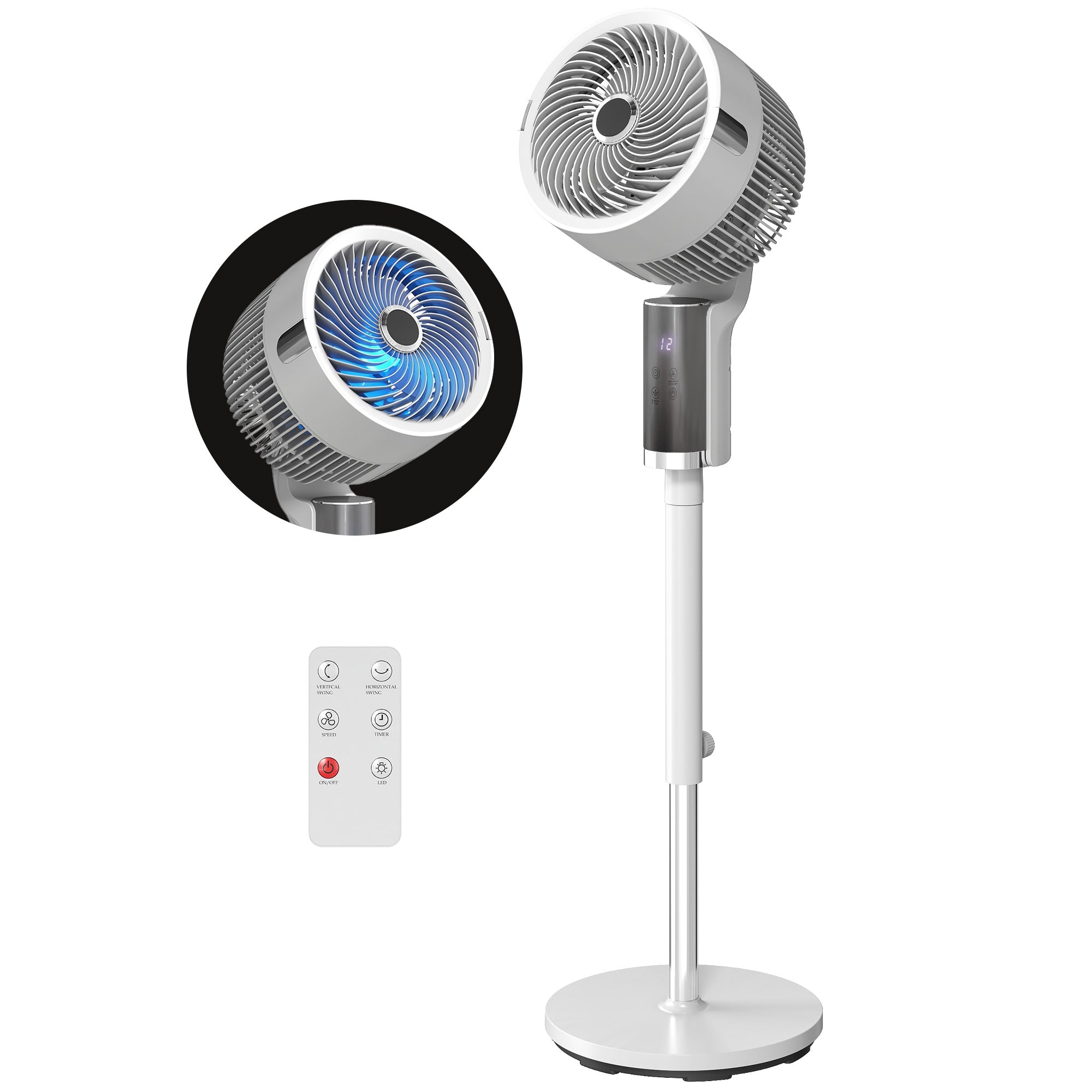 Ventilateur sur pied silencieux 20 dB pour chambre, télécommande, circulateur d'air, oscillation 90°, 8 vitesses, minuterie 12H, lumière LED, hauteur réglable, blanc