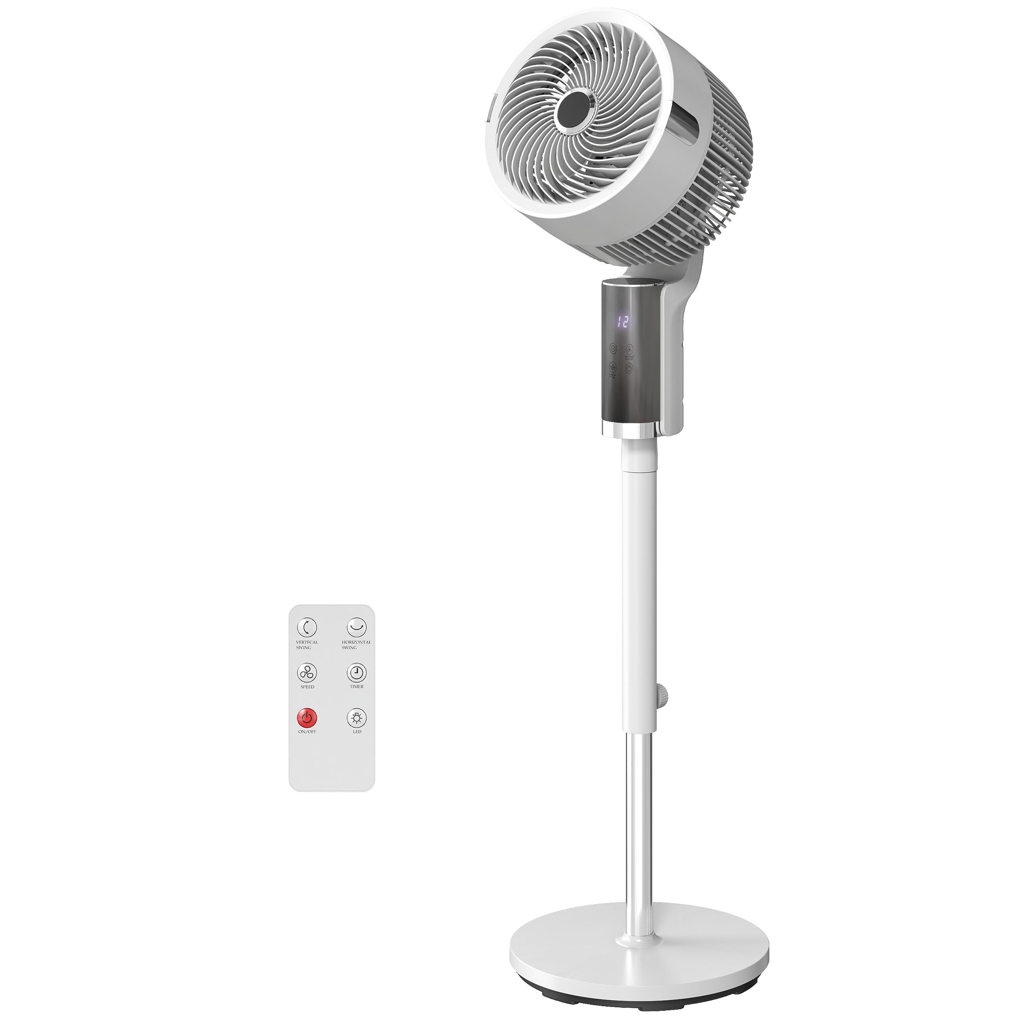 Ventilateur sur pied silencieux 20 dB pour chambre, télécommande, circulateur d'air, oscillation 90°, 8 vitesses, minuterie 12H, lumière LED, hauteur réglable, blanc