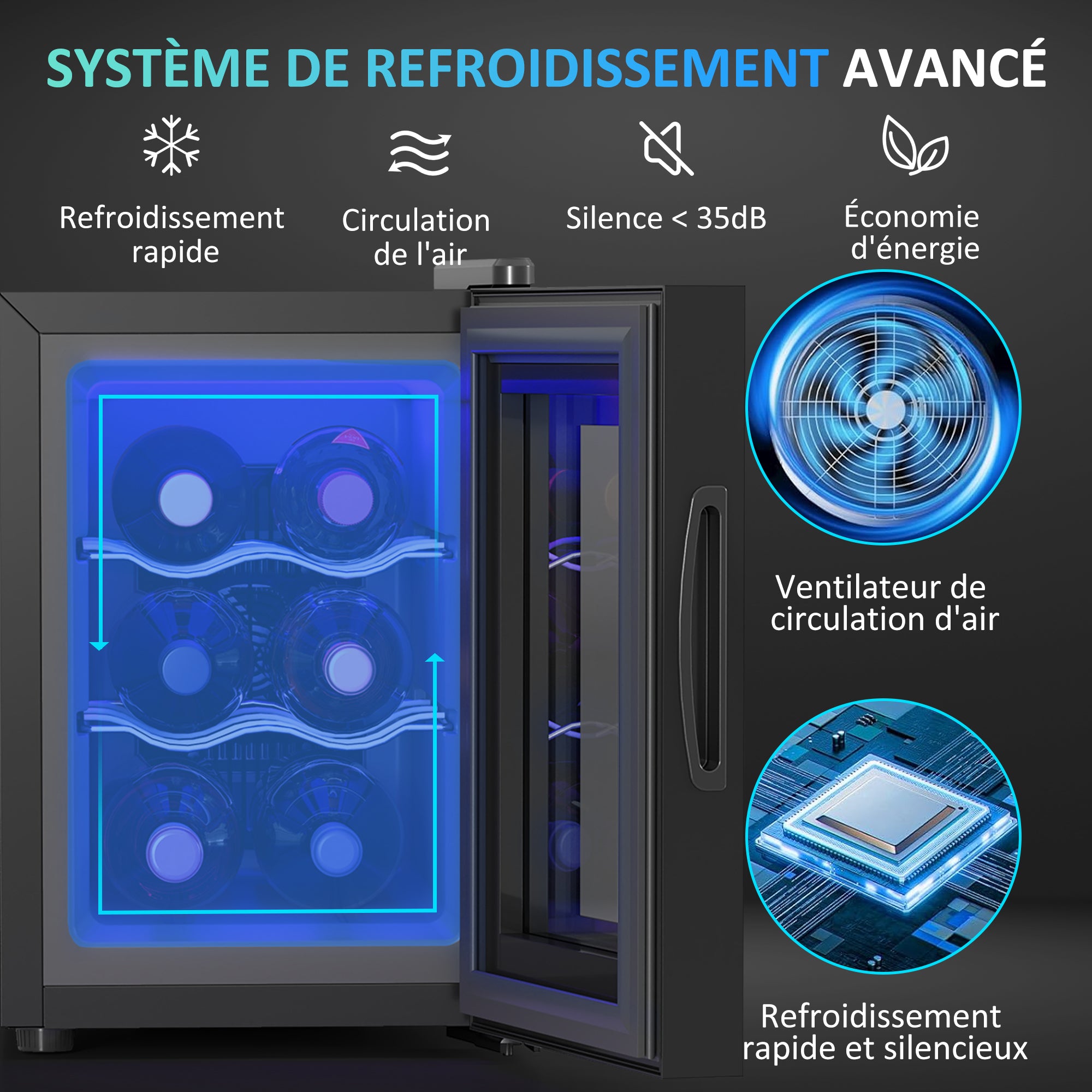 Cave à vin 6 bouteilles 17L réfrigérateur à vin silencieux - porte en verre, éclairage LED, écran tactile numérique, mini cave a vin contrôle de la température 8-18°C protection UV noir