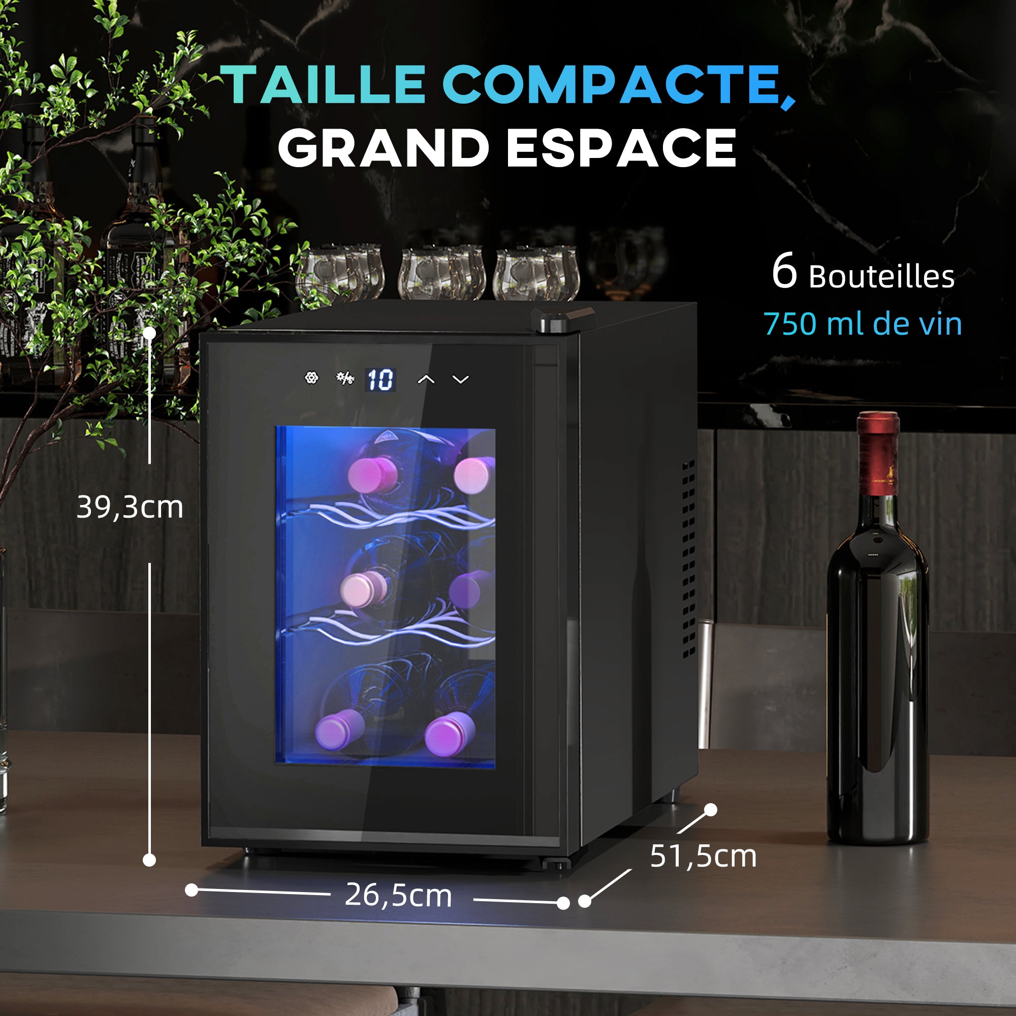 Cave à vin 6 bouteilles 17L réfrigérateur à vin silencieux - porte en verre, éclairage LED, écran tactile numérique, mini cave a vin contrôle de la température 8-18°C protection UV noir